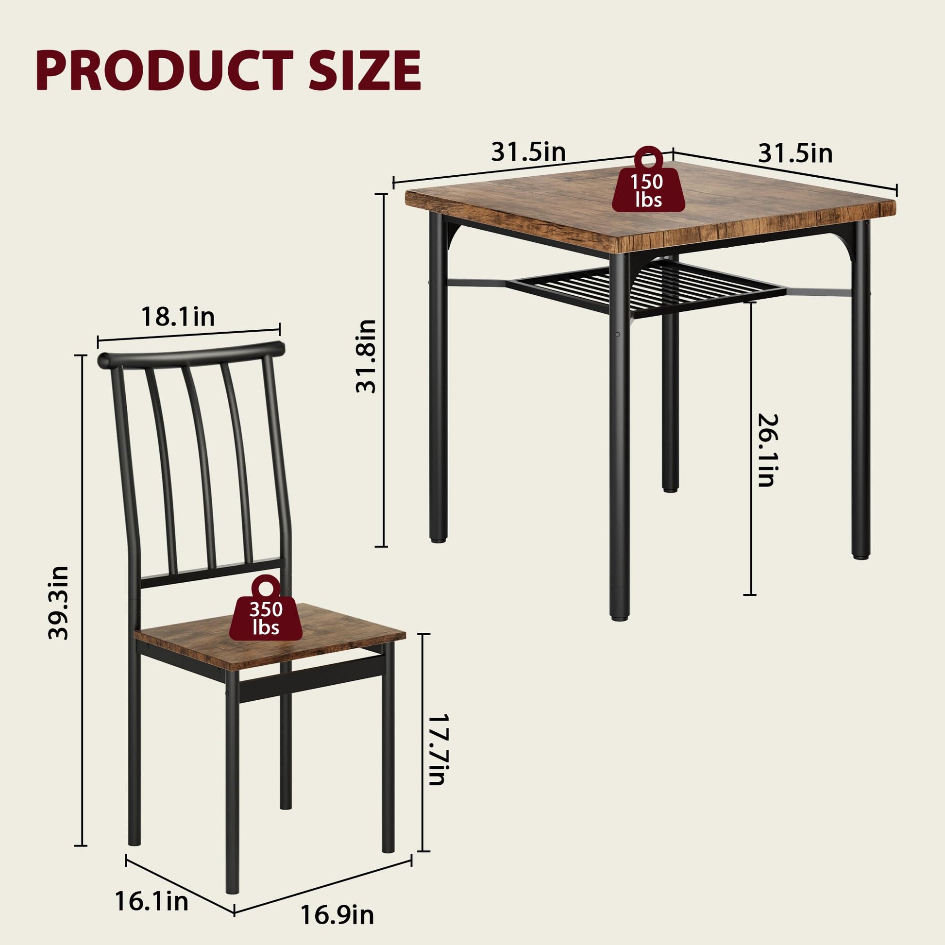 Set da pranzo Garvee per 2 persone con portabottiglie, tavolo in MDF robusto, piedini regolabili, struttura in metallo, compatto, marrone rustico