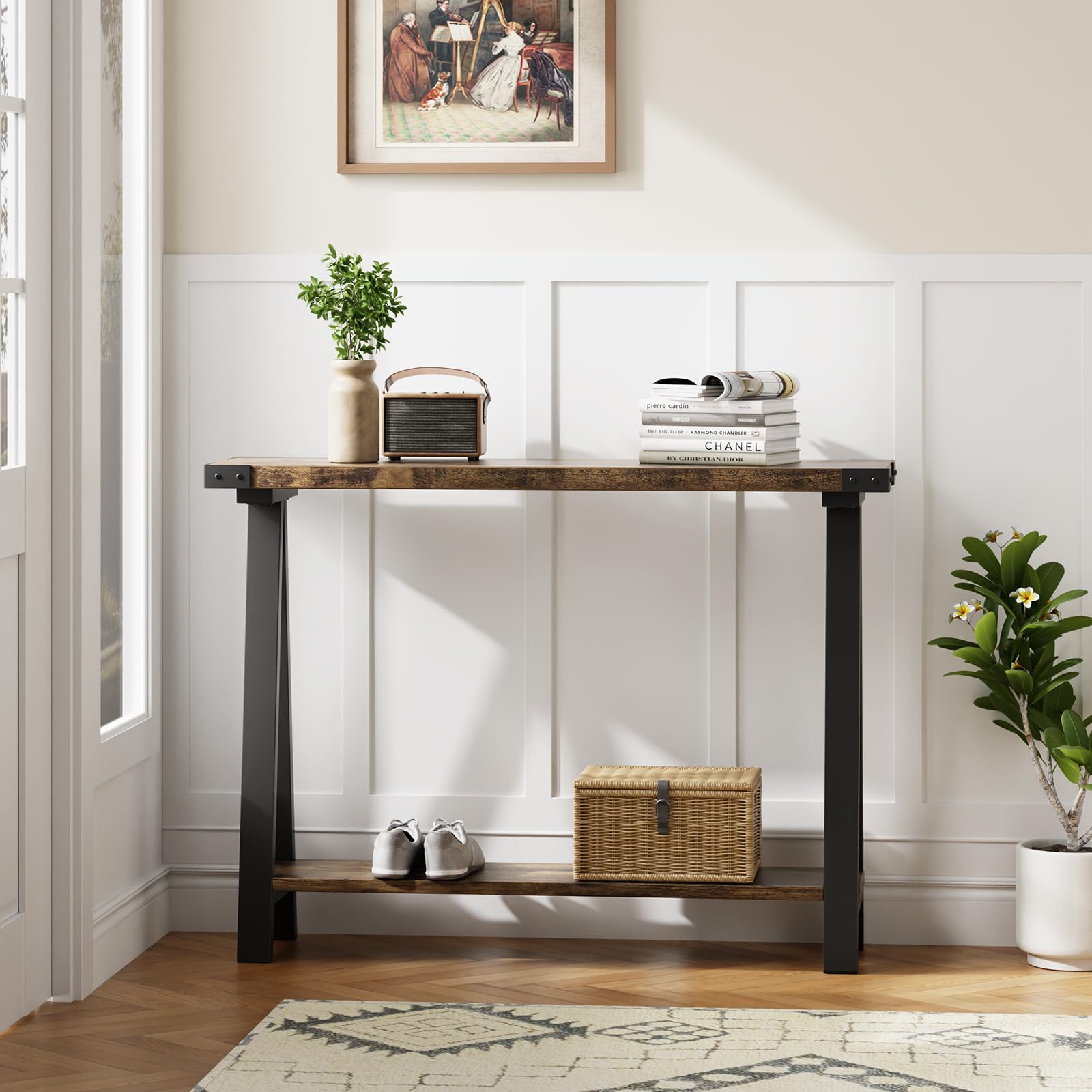 Tavolo console Garvee per corridoio, 2 ripiani con tenitore, gambe a R, legno, 43.3 pollici, soggiorno e ufficio, stretto, versatile