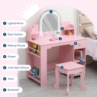Tavolo da toeletta per bambini Garvee con luce LED, sgabello, libreria, MDF, rosa, per bambine dai 3 ai 9 anni, camera da letto e sala giochi