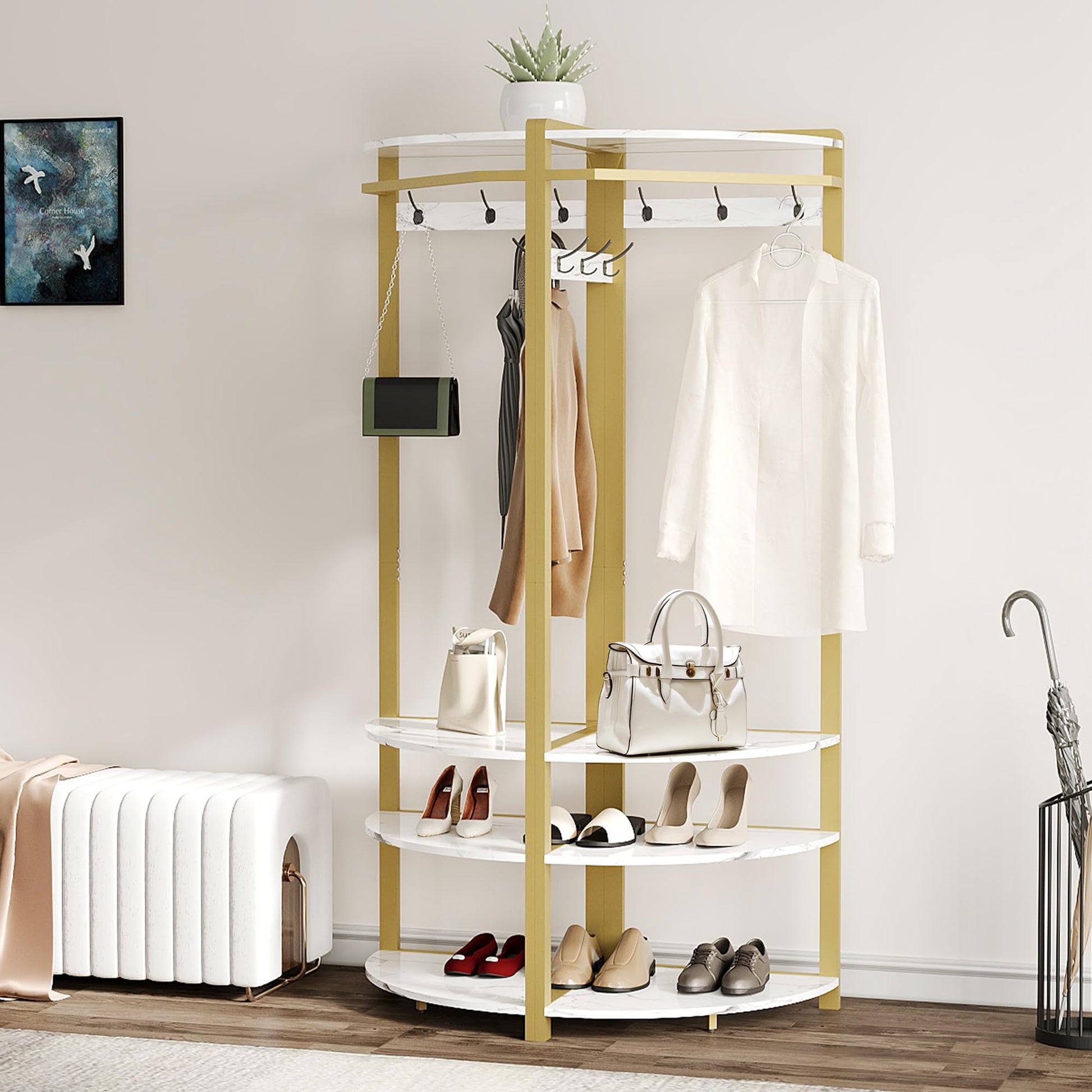 Armadio angolare Garvee con scarpiera, 6 ganci doppi, legno robusto, per corridoio e ingresso, 70,8 pollici, salvaspazio