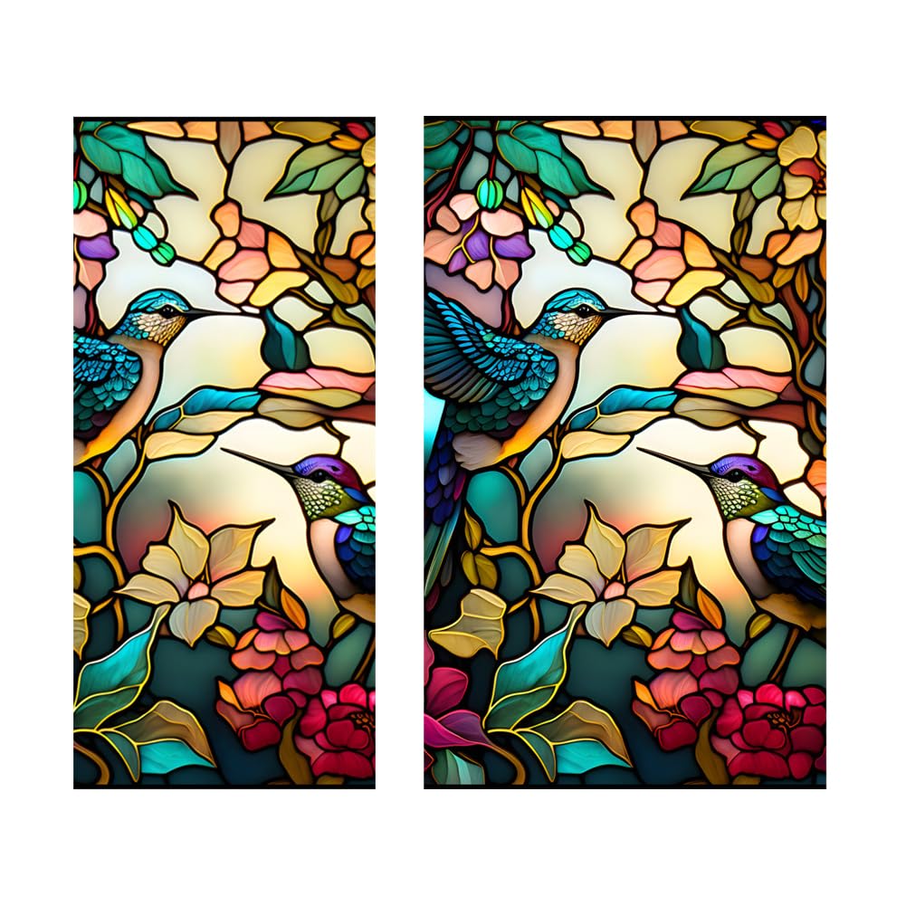 Garvee Pellicola per Finestra Retro PVC Hummingbird Flower, Privacy Non Adhesive, Stained Glass, Vinile Eco-Friendly, 45x100cm, Bagno e Decorazioni