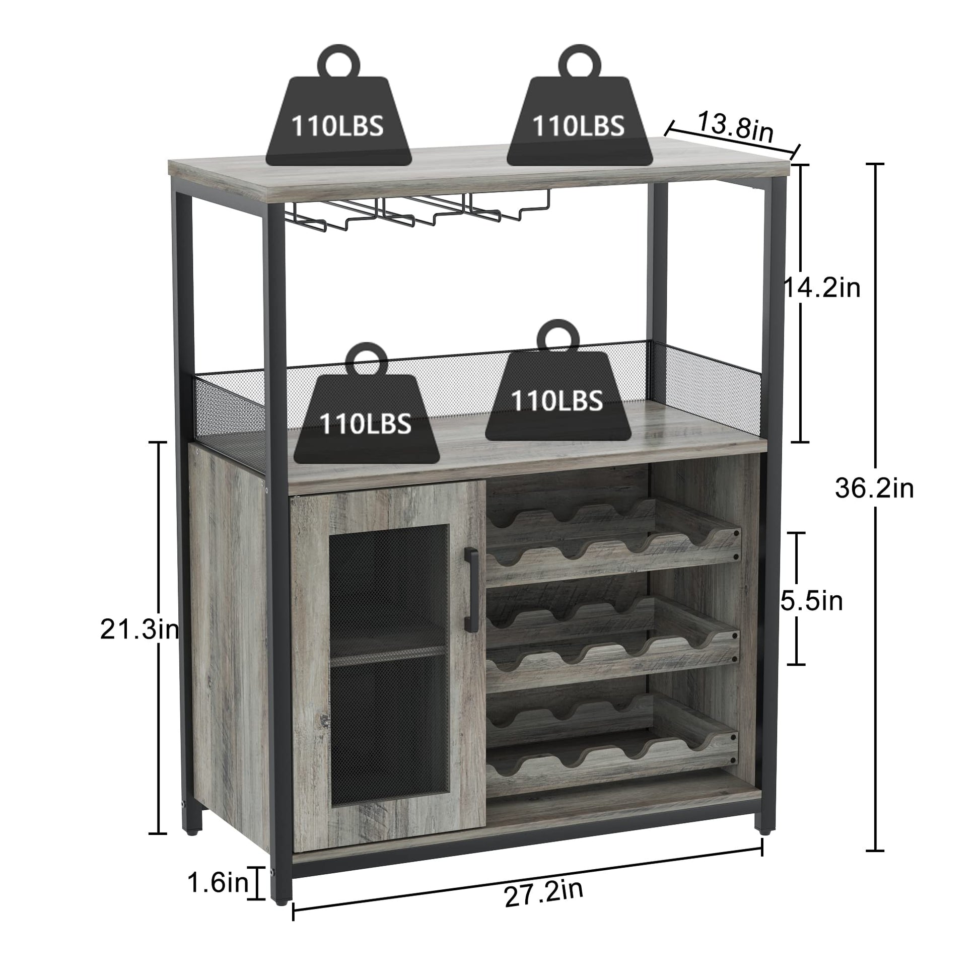 Mobile bar per vino Garvee a 3 ripiani con portabottiglie rimovibile, portabicchieri, ventilato per cucina e bar, 27,2"L x 13,8"P x 36,2"A, grigio