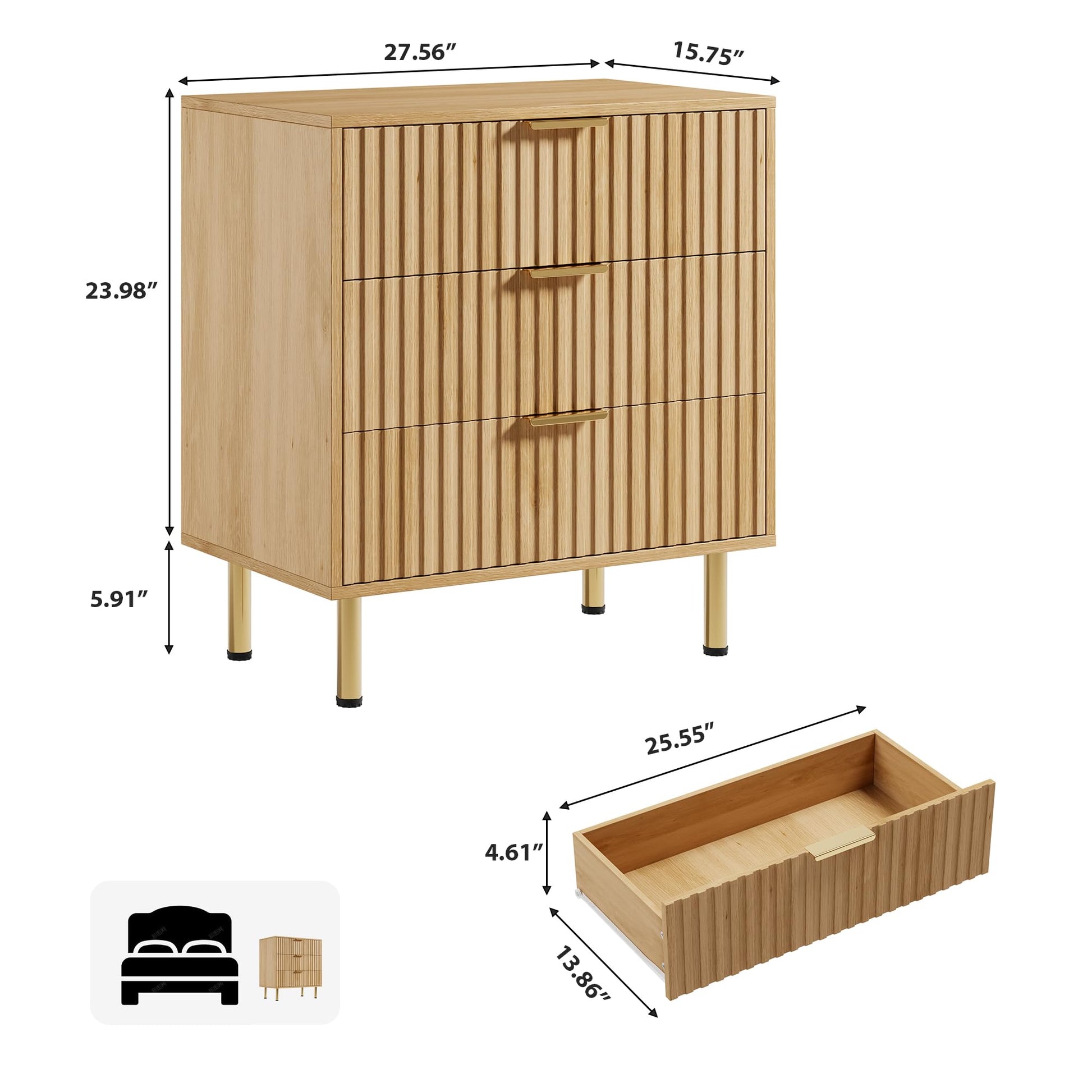 Mobile porta TV Garvee via camera da letto, moderno scanalato, 3 cassetti profondi, ecologico, impermeabile, versatile, nero