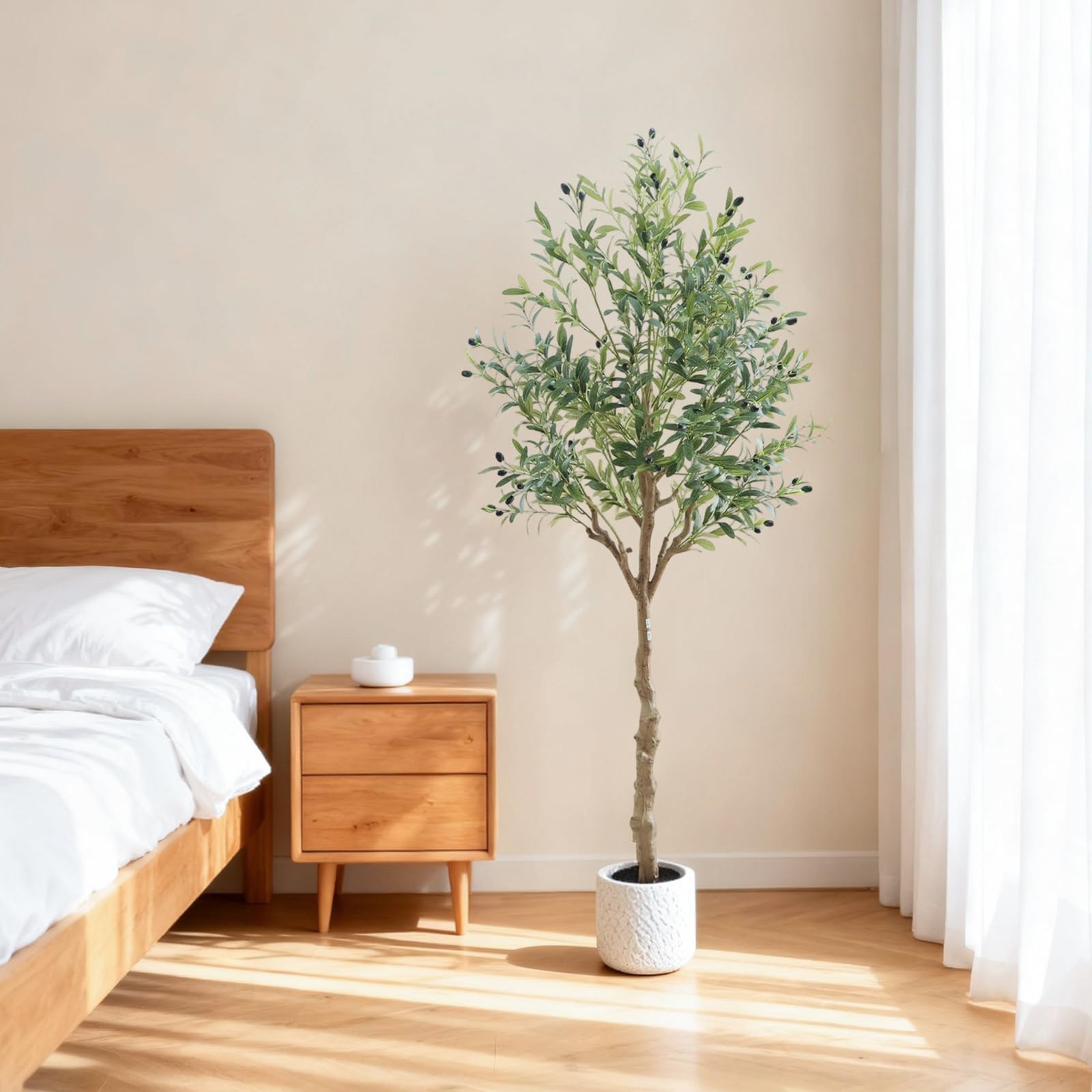 Albero di ulivo artificiale Garvee alto 180 cm, vaso bianco, realistico, resistente ai raggi UV, decorazione per interni, soggiorno, ufficio, giardino