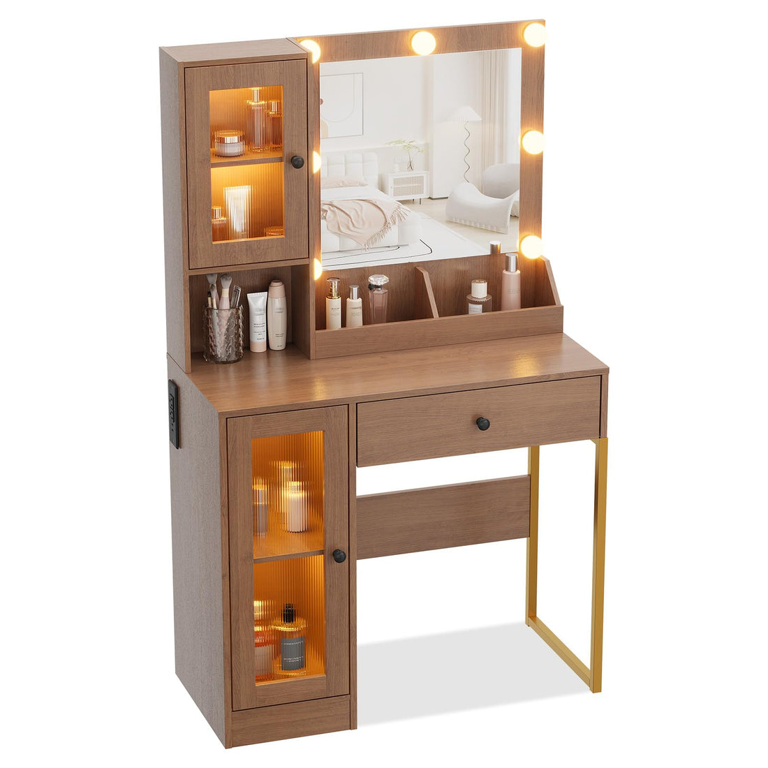 Tavolo da toeletta Garvee con specchio e illuminazione, MDF robusto, luci dimmerabili, porte USB, camera da letto, bianco