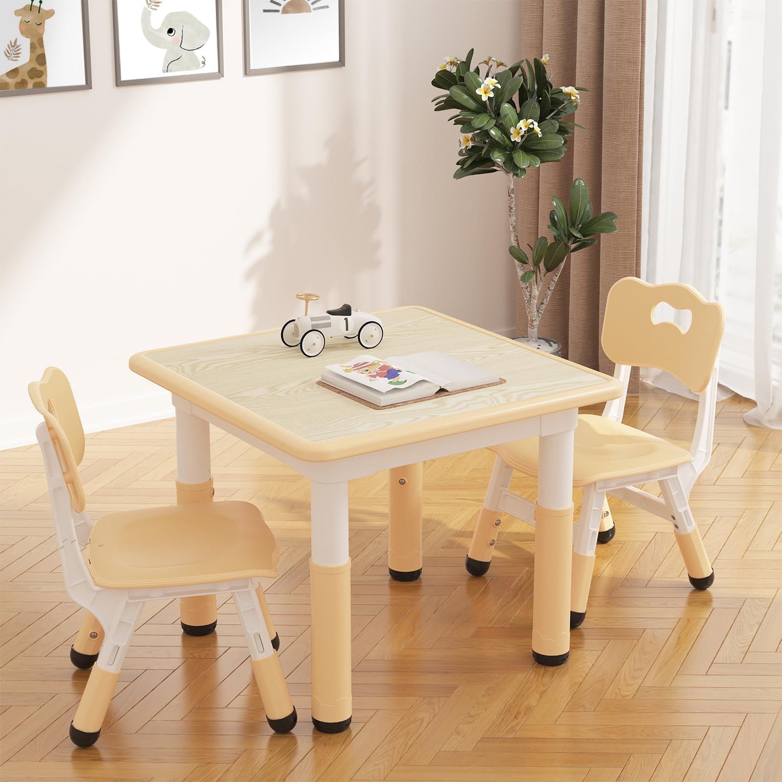 Garvee Set Tavolo e 2 Sedie per Bambini Regolabile in Altezza 4 in 1 MDF e Plastica per Studio e Gioco, 23.6"x23.6", Multicolore