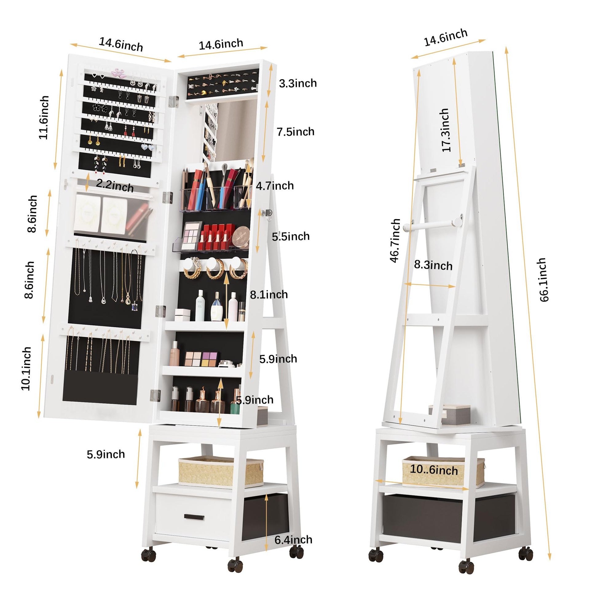 Mobiletto portagioie Garvee, specchio per il trucco con rotazione a 360°, in legno, bloccabile, con rotelle, grande capacità, bianco, soggiorno, camera da letto