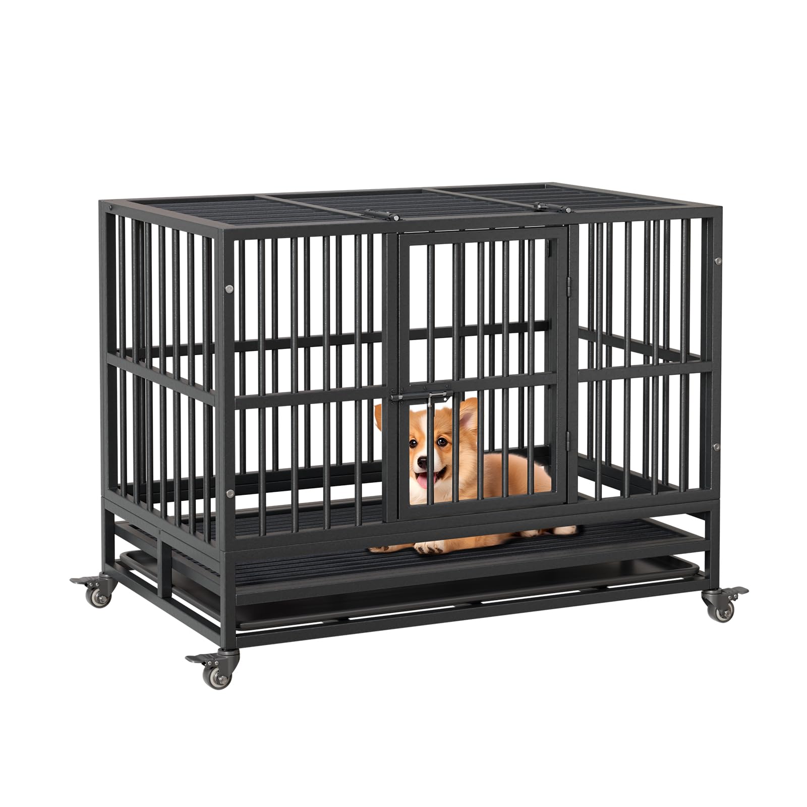 Garvee Heavy Duty Dog Crate 37 pollici con doppia porta, ruote girevoli a 360°, metallo, pieghevole, per cani di piccola e grande taglia, per interni