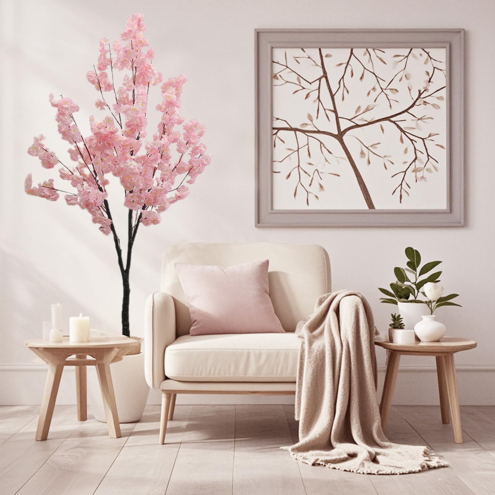 Albero di ciliegio artificiale Garvee da 180 cm rosa con robusto vaso in cemento per casa e ufficio