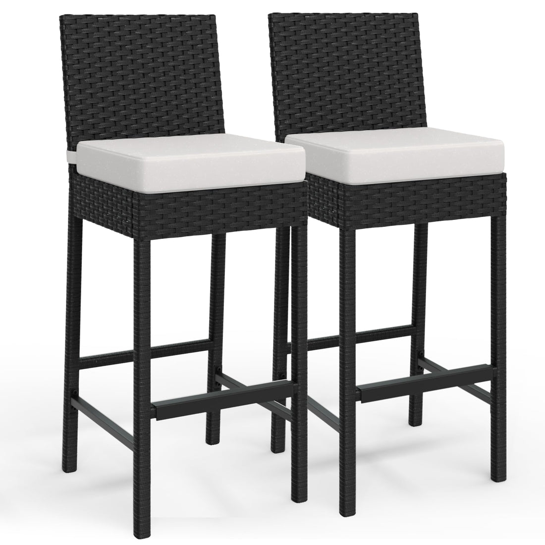 Set di 2 sgabelli da bar per esterni in vimini Garvee - Ergonomici e resistenti alle intemperie - Struttura in rattan PE e acciaio - Altezza seduta 28" - Per giardino e patio - Nero