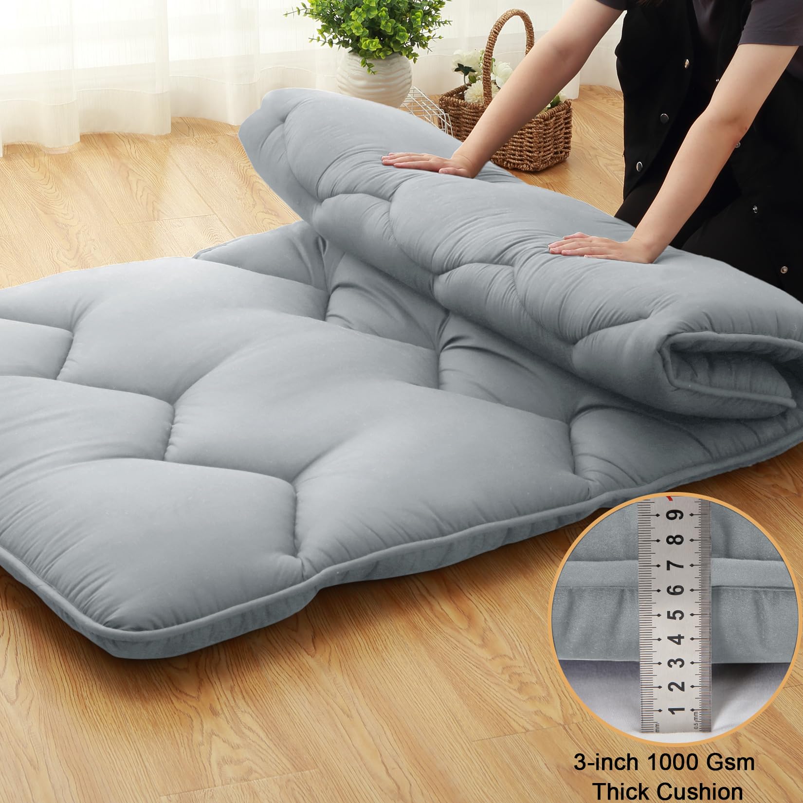 Materasso futon giapponese Garvee, misura singola, arrotolabile, spessore 3 pollici, microfibra di cotone, schiuma ad alta densità, leggero, per campeggio e camere degli ospiti