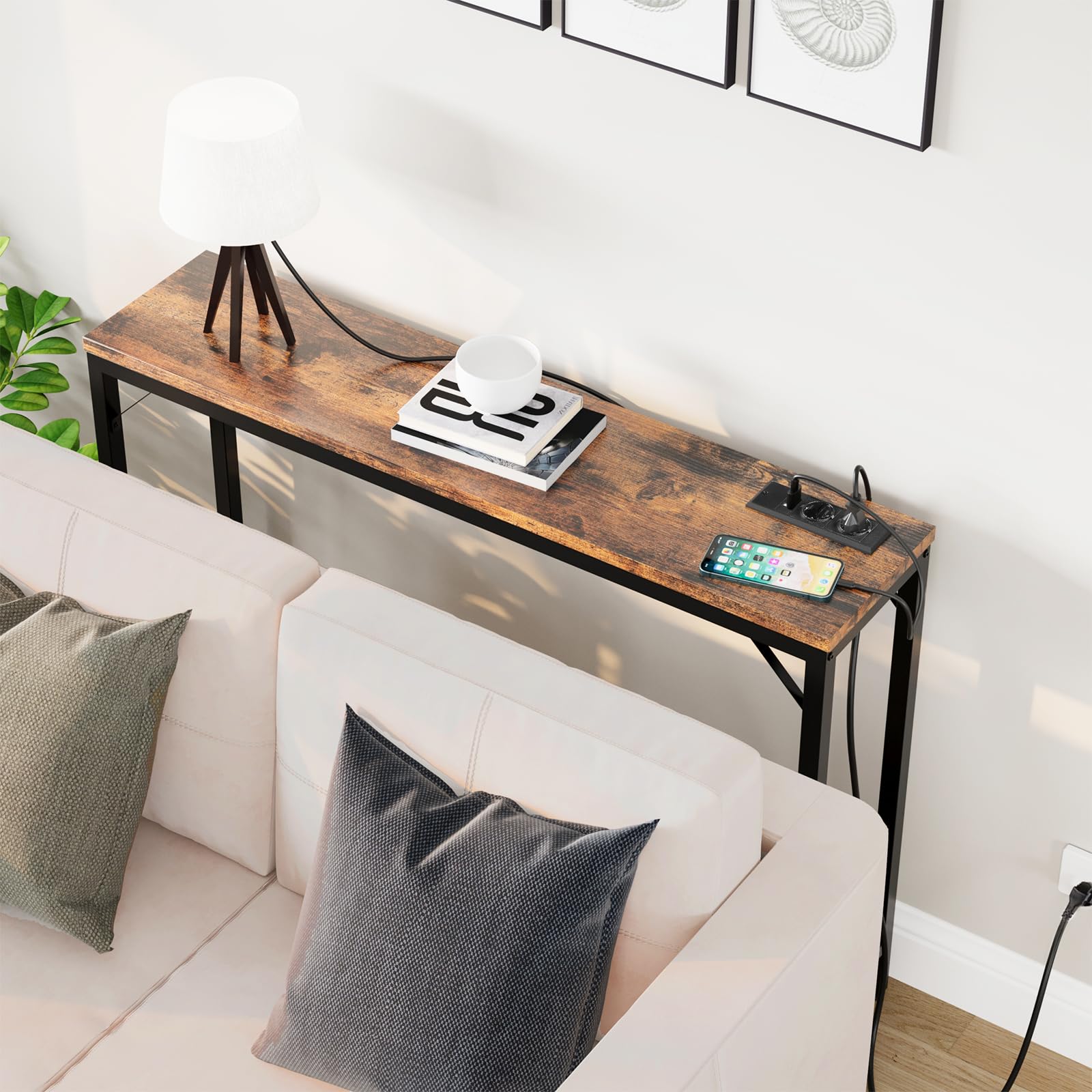 Consolle stretta Garvee con USB e presa di corrente, in legno e metallo vintage, per corridoio e soggiorno, 100x23x80 cm