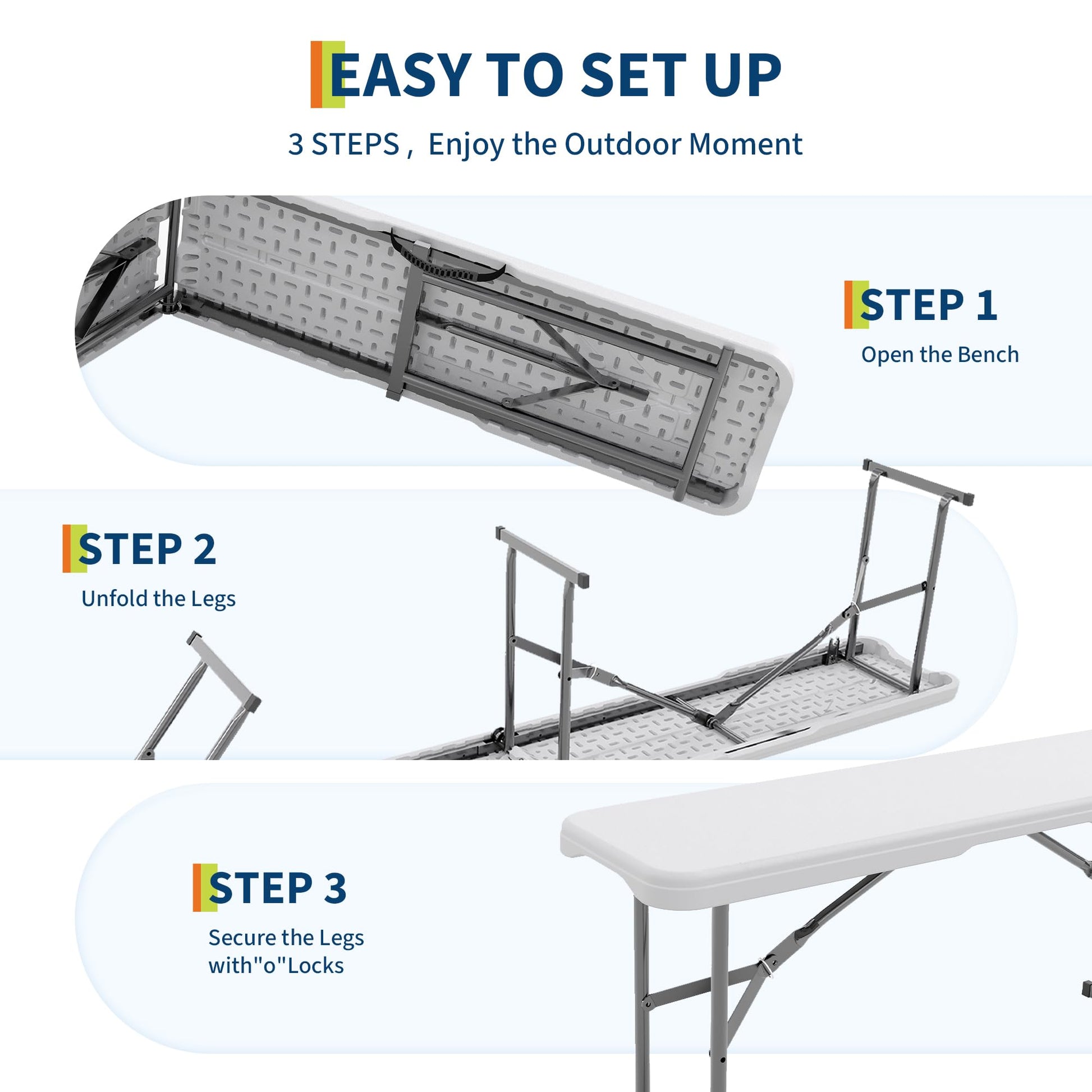 Panca pieghevole portatile Garvee da 6 piedi, set da 2 pezzi in plastica HDPE bianca per picnic e sport all'aperto, stabile, resistente alle intemperie, pieghevole