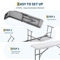 Panca pieghevole portatile Garvee da 6 piedi, set da 2 pezzi in plastica HDPE bianca per picnic e sport all'aperto, stabile, resistente alle intemperie, pieghevole