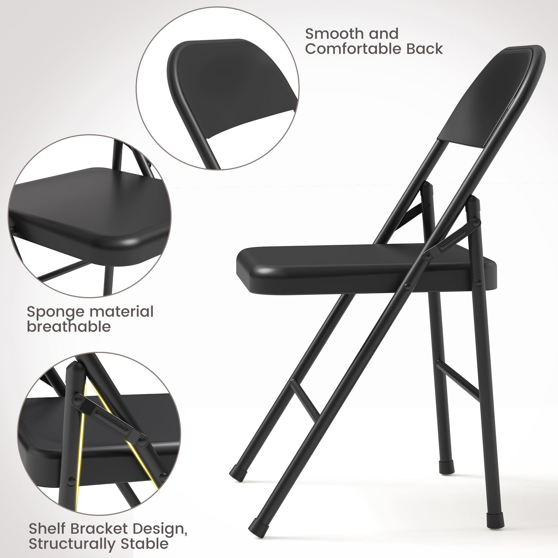 Set di 4 sedie pieghevoli Garvee con seduta comoda, struttura in acciaio, pieghevoli per uso interno ed esterno, nere, capacità di peso fino a 350 libbre