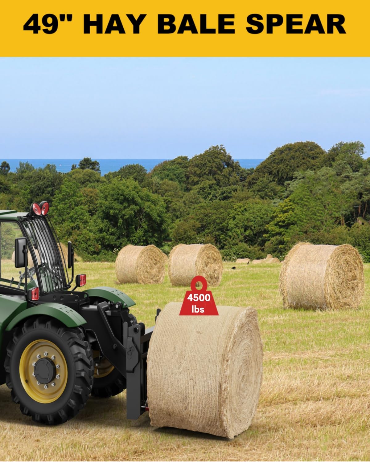 Forca da fieno Garvee da 49" con capacità di 4500 libbre, punta di lancia a sgancio rapido, acciaio per molle, protezione dalla corrosione per trattori e caricatori, rossa