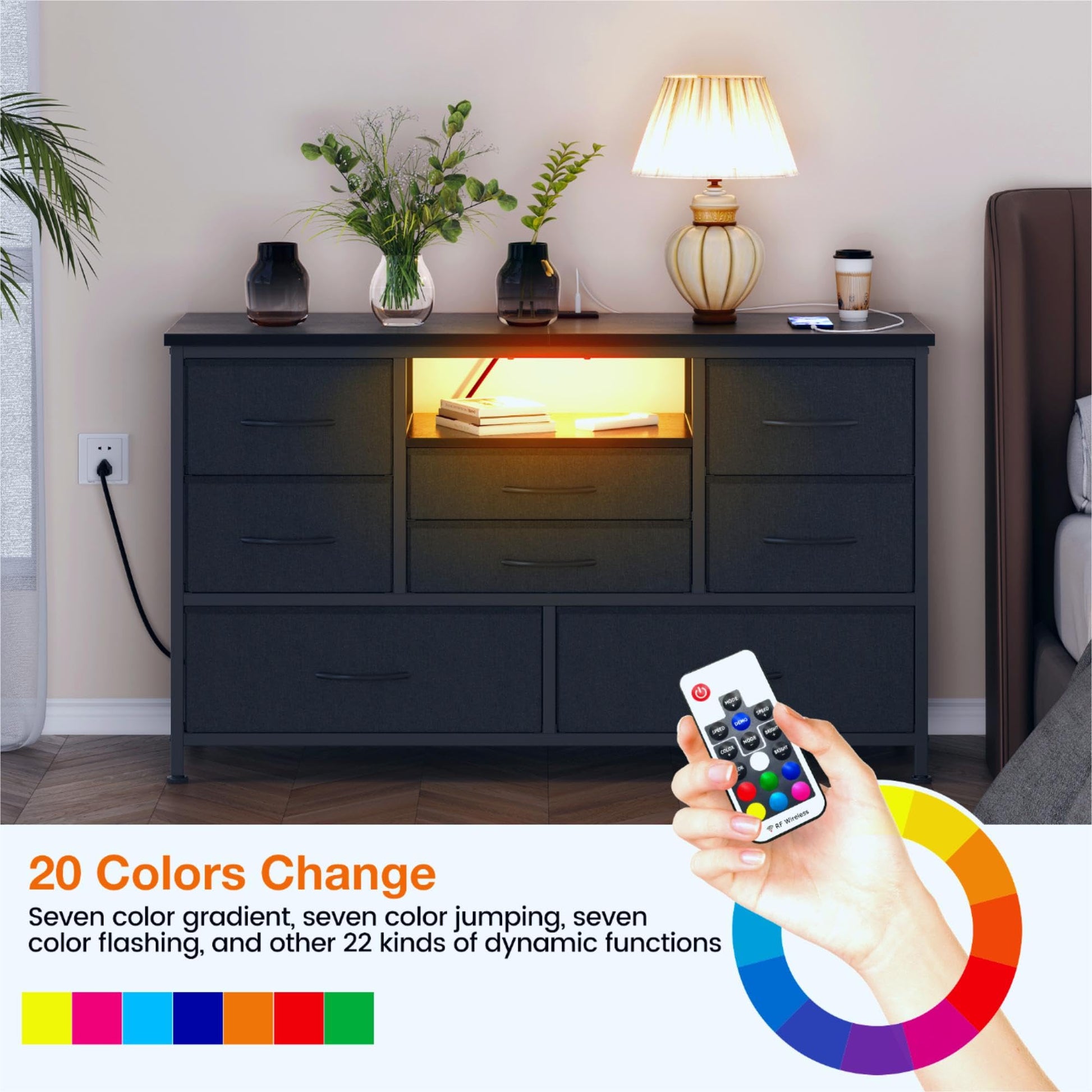 Mobile TV Garvee a 8 cassetti con illuminazione a LED e presa di corrente per soggiorno e camera da letto, in legno MDF, grande, leggero, gestione dei cavi