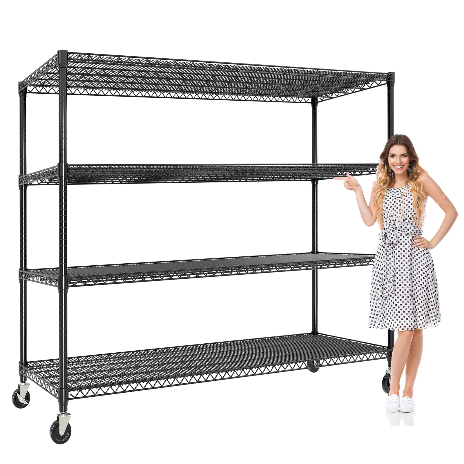 Garvee Scaffale portaoggetti per carichi pesanti da 73" di altezza, 2640 libbre, con ruote e piedini per garage e cucina, regolabile, acciaio al carbonio, 4 livelli, nero