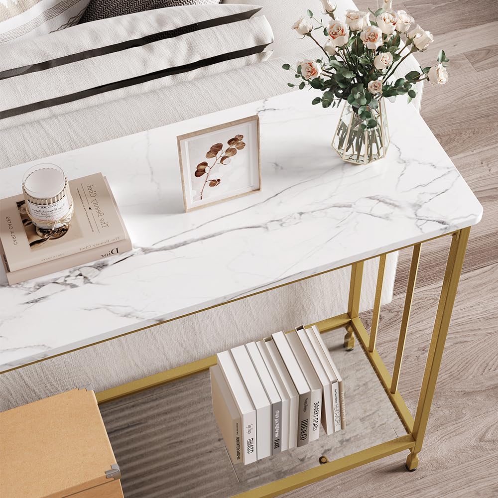 Tavolo stretto Garvee da 33.5" con ripiano in vetro, struttura in metallo, effetto legno vintage per soggiorno e corridoio, piedini regolabili, design robusto