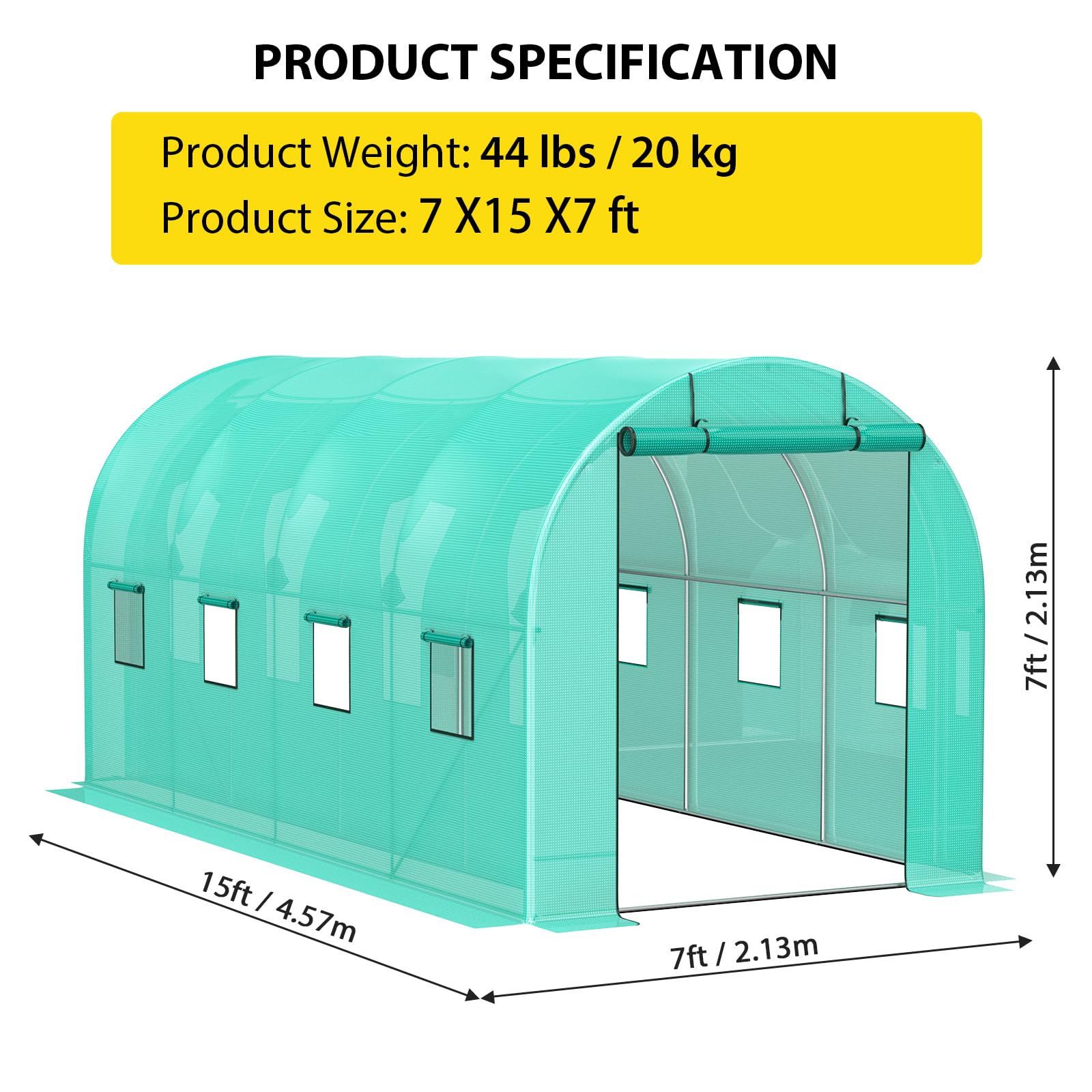 Serra Garvee 7x15x7FT – Serra con struttura in acciaio con 2 porte e 8 finestre per giardino e uso esterno