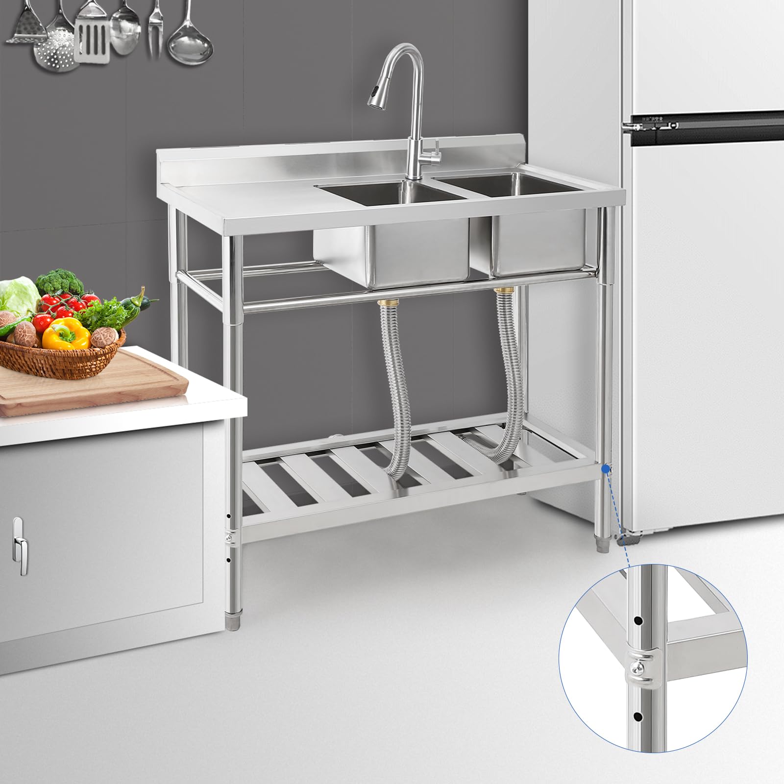 Lavello Commerciale Indipendente Garvee Fatturabile, 2 Vasche + Scolapiatti, Acciaio Inox, Rubinetto Girevole 360°, 105.6 x 51.0 x 37.0 cm , Argento per Ristoranti e Garage