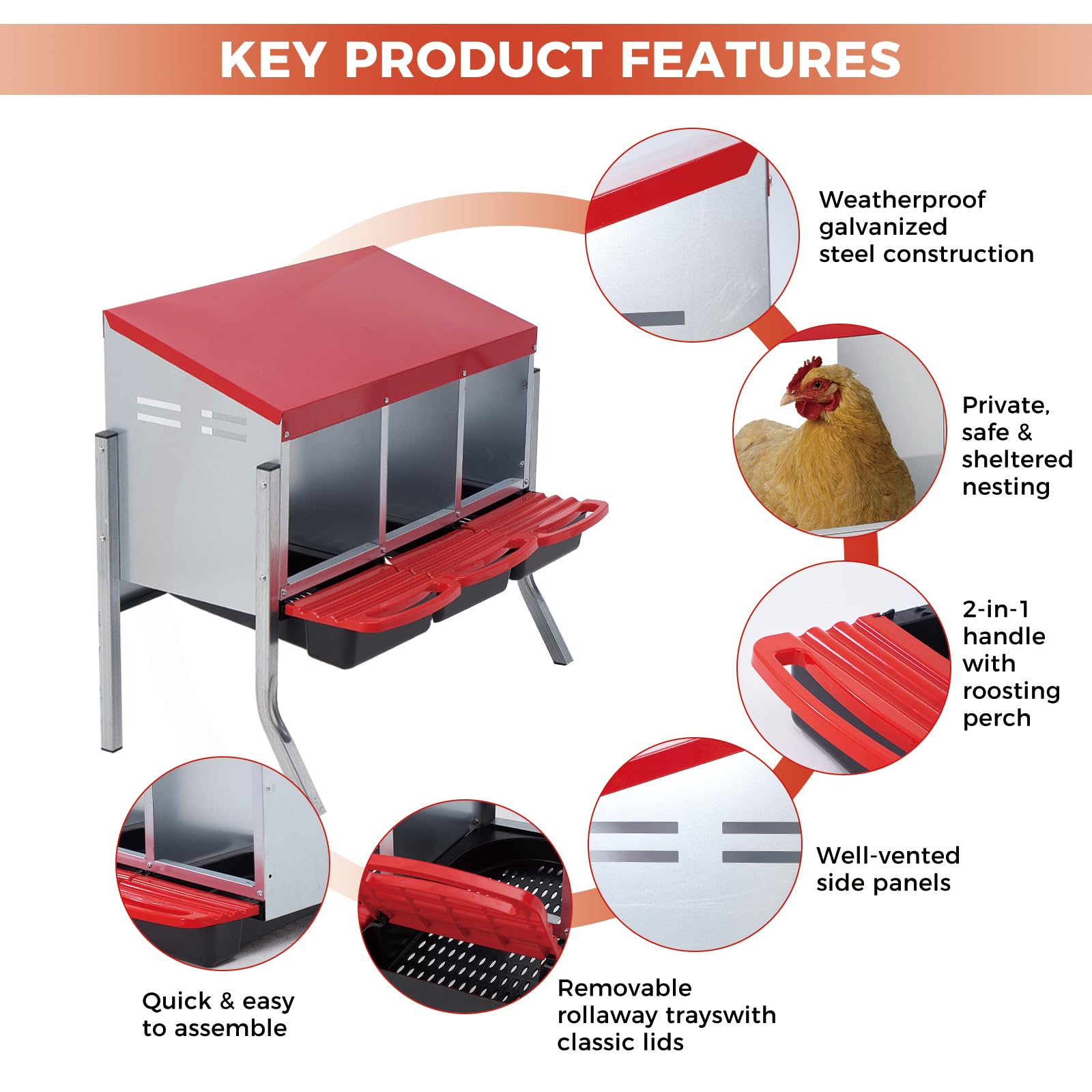 Nido per polli Garvee a 3 fori, in metallo, resistente, con vassoio rimovibile, per fattoria e giardino, antiruggine, facile da pulire