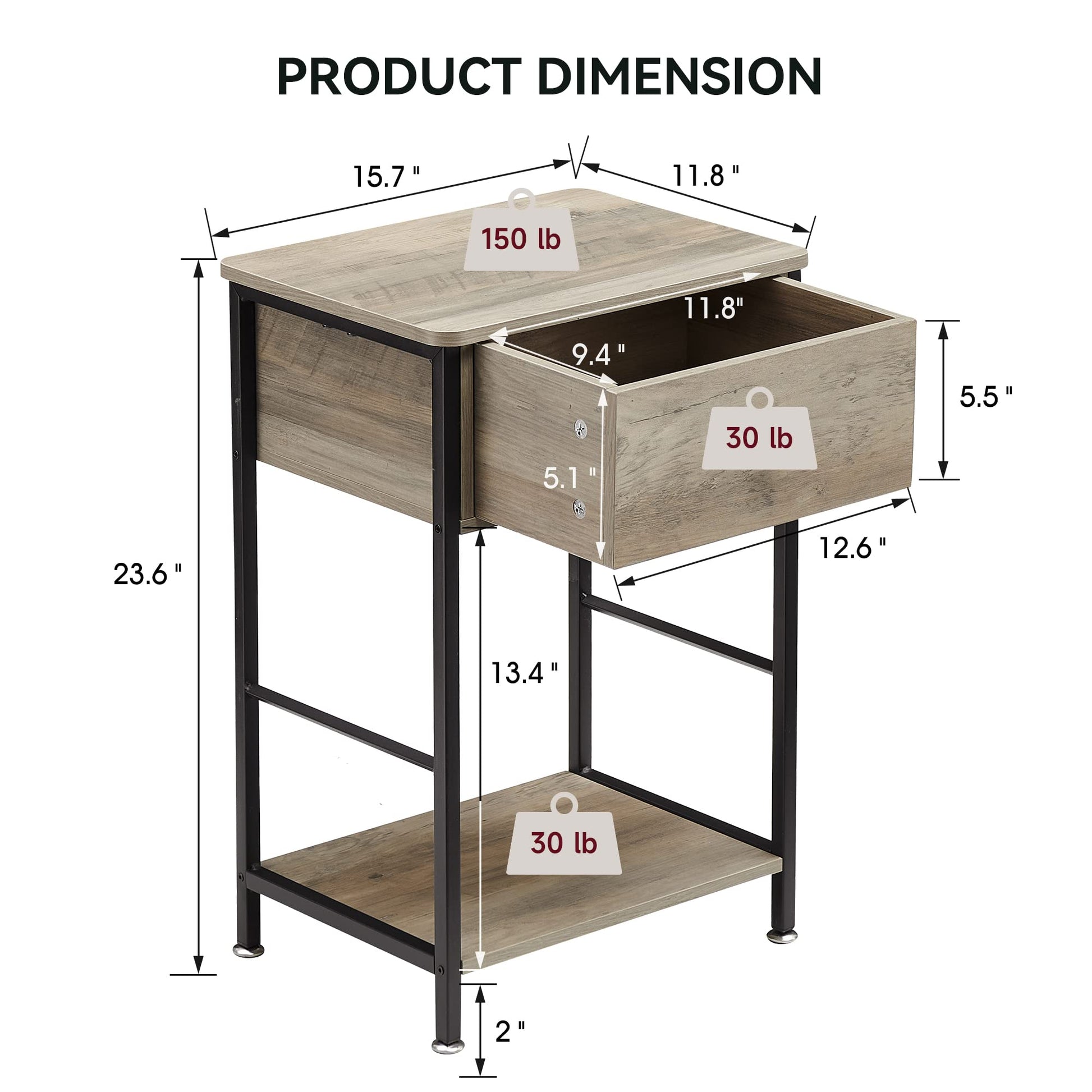 Set di 2 comodini Garvee con cassetto e ripiano per camera da letto e soggiorno, gambe regolabili, grigio, robusto e sicuro