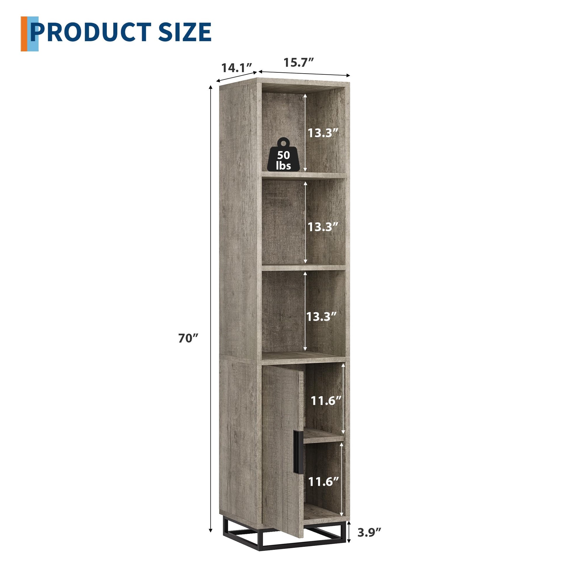 Mobiletto da bagno alto Garvee da 70" stretto con anta, ripiano regolabile, in legno, stile country moderno, nero, per cucina e soggiorno