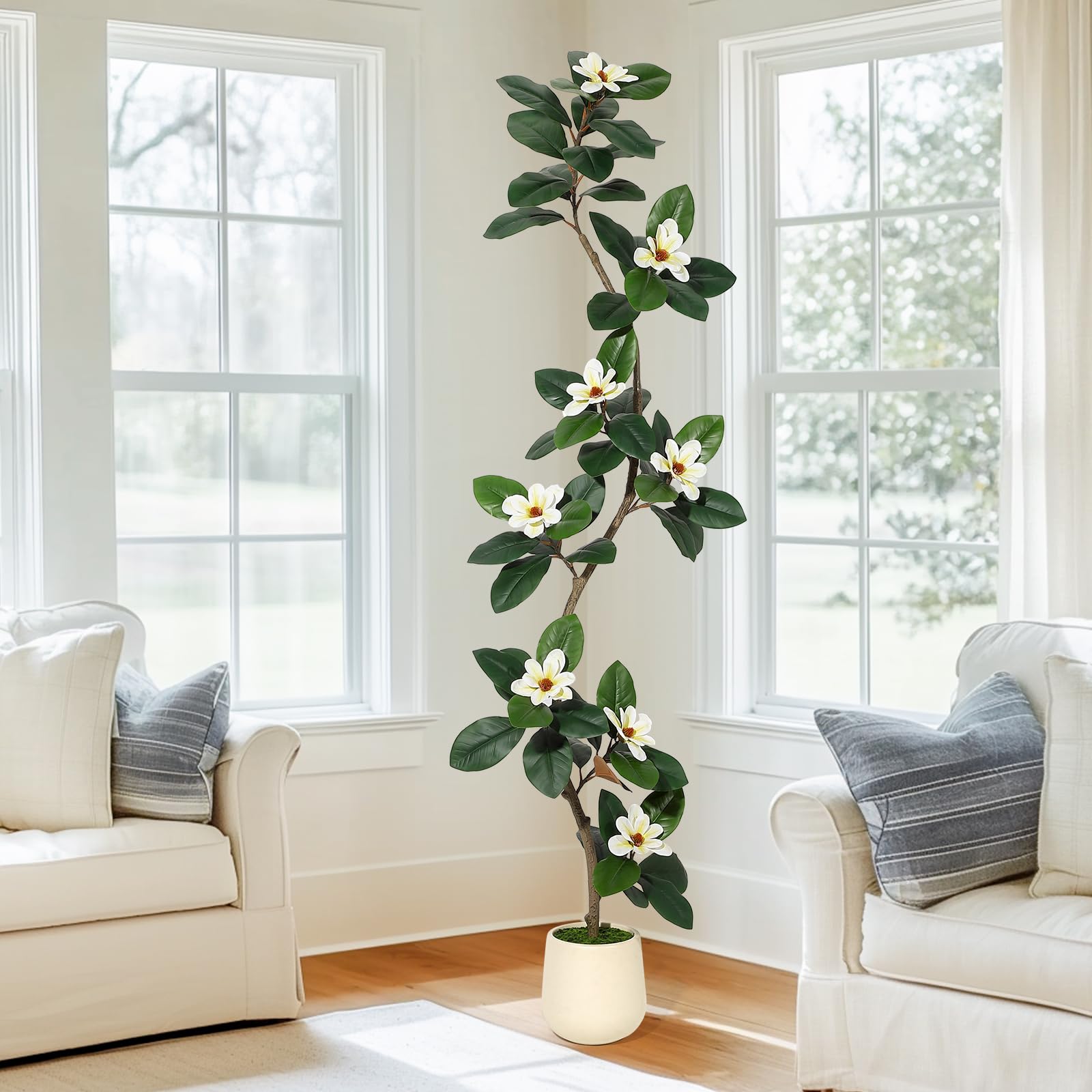 Albero di gomma artificiale Garvee da 2,1 m con 8 fiori di magnolia, fioriera bianca, arredamento per interni, ufficio e casa, resistente, design realistico
