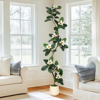 Albero di gomma artificiale Garvee da 2,1 m con 8 fiori di magnolia, fioriera bianca, arredamento per interni, ufficio e casa, resistente, design realistico