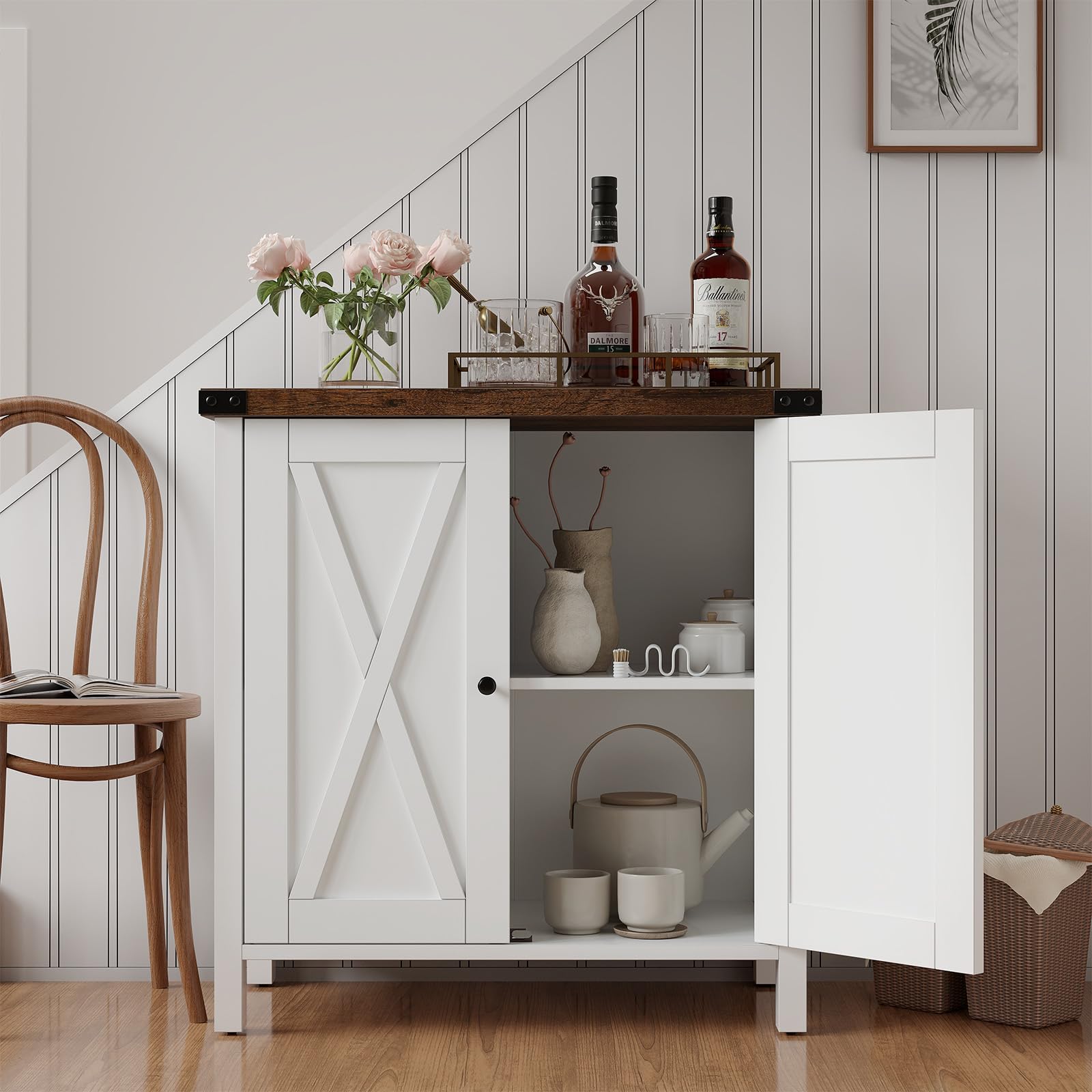 Credenza buffet da cucina Garvee con ante, ripiano regolabile, stile country, per cucina, soggiorno, sala da pranzo, bianca