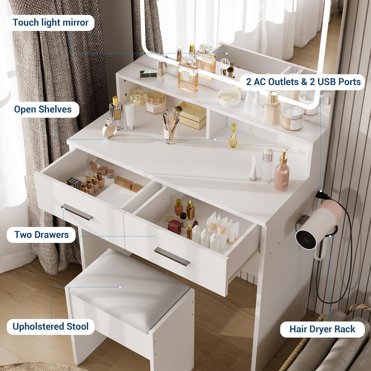 Tavolo da toeletta grande Garvee con sgabello imbottito per il trucco, tavolo da trucco moderno con illuminazione a LED, prese elettriche, 80 x 40 x 138 cm, bianco