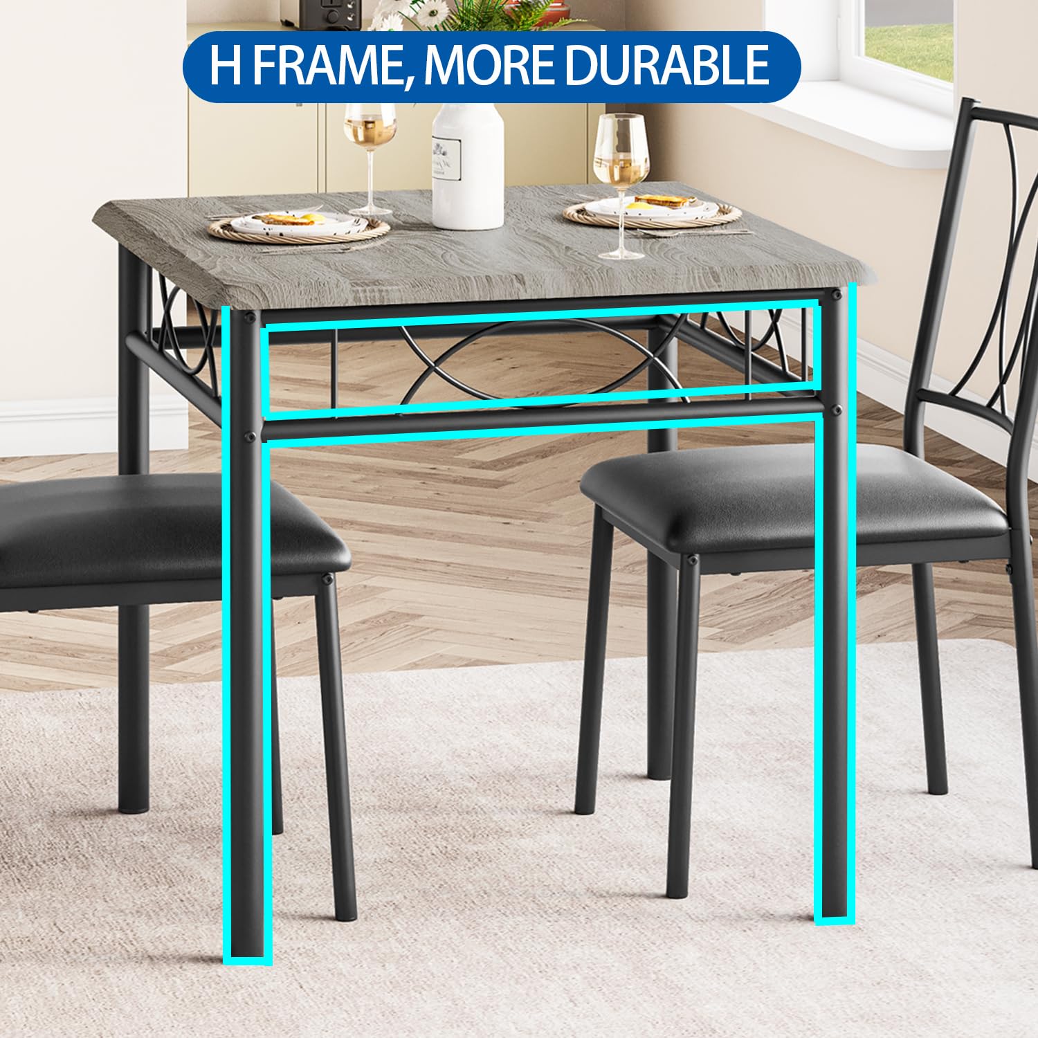 Set da pranzo Garvee da 3 pezzi per 2 persone, tavolo quadrato con sedie imbottite, legno MDF, grigio rustico, compatto per cucina e sala da pranzo