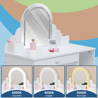 Tavolo da toeletta per bambini Garvee con specchio illuminato e sgabello per bambine dai 3 ai 9 anni, MDF, bianco, luce LED, ampio spazio di archiviazione