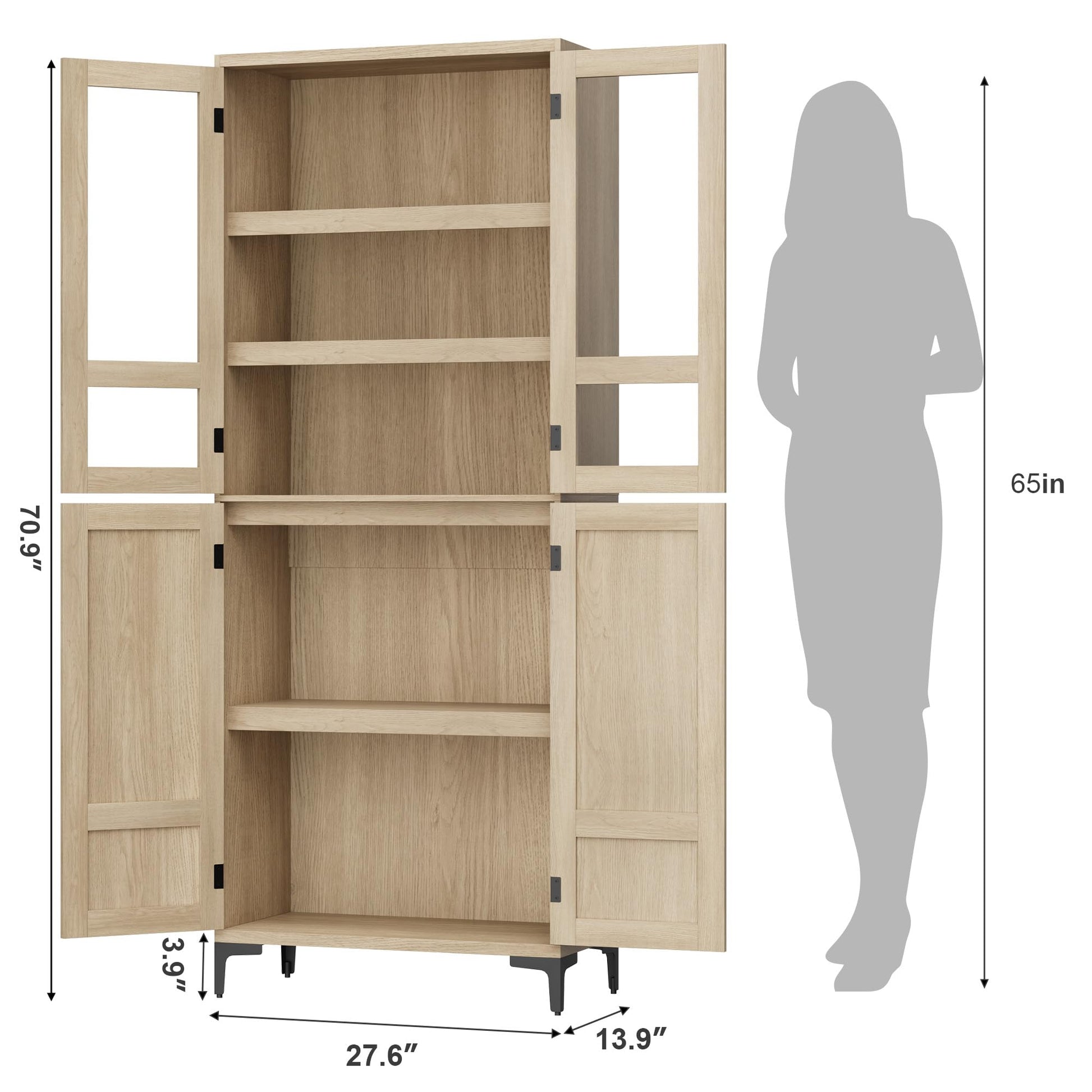 Mobile dispensa da cucina Garvee alto 71" con ante in vetro, 4 ante, 5 ripiani regolabili, legno di betulla, resistente, versatile, indipendente per cucina e bagno