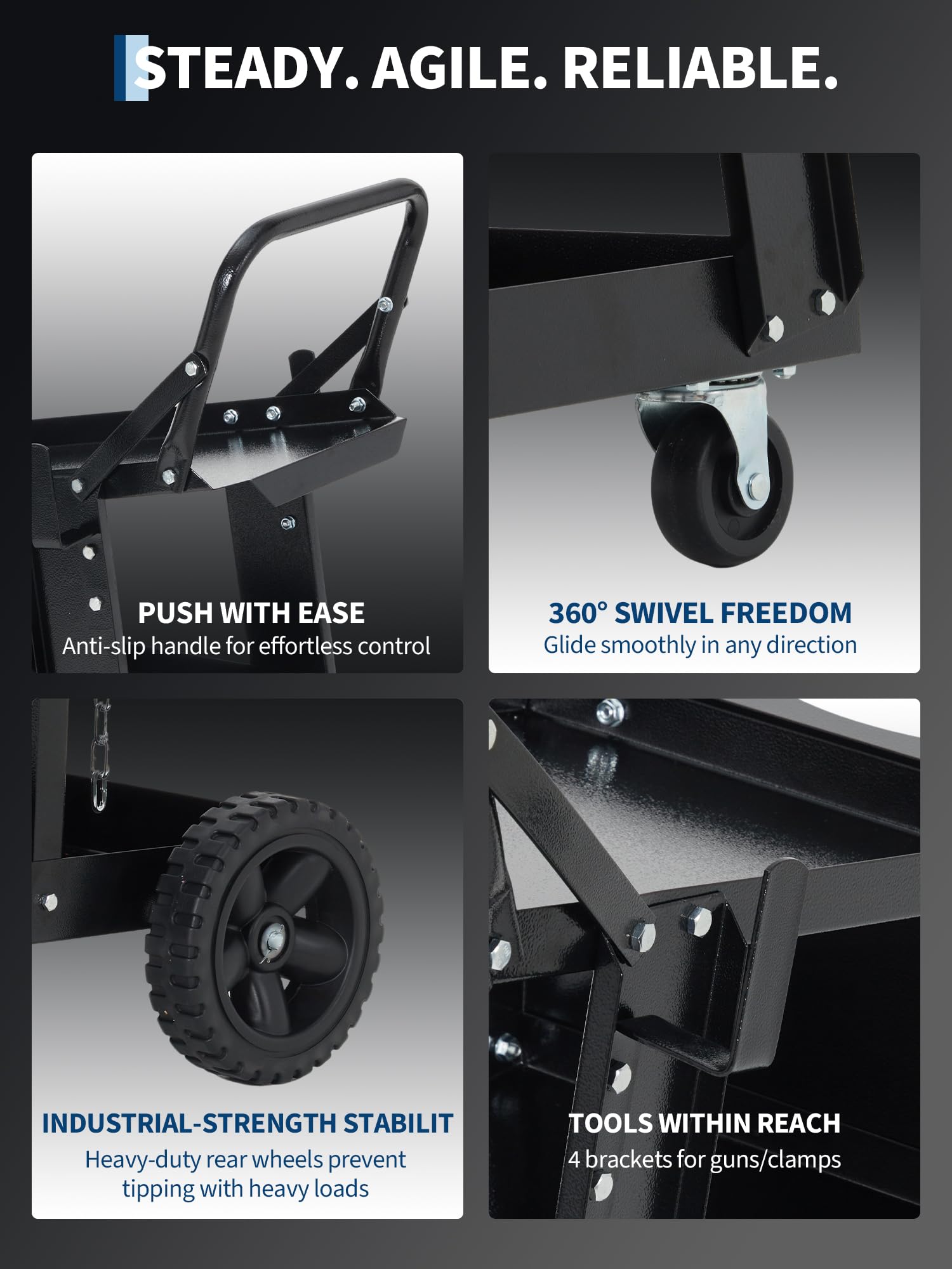 Carrello Saldatura Garvee 3 Ripiani con Ruote 360° e Fibbie Sicurezza, Acciaio Q235 Resistente Nero - Ideale per Festa del Papà in Officina e Cantiere