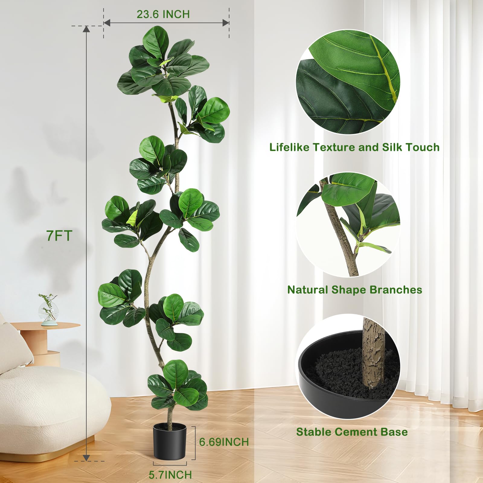 Albero di fico artificiale Garvee a forma di S, 7 piedi, con 59 foglie, rami flessibili, vaso nero per ufficio e soggiorno, durevole, verde realistico