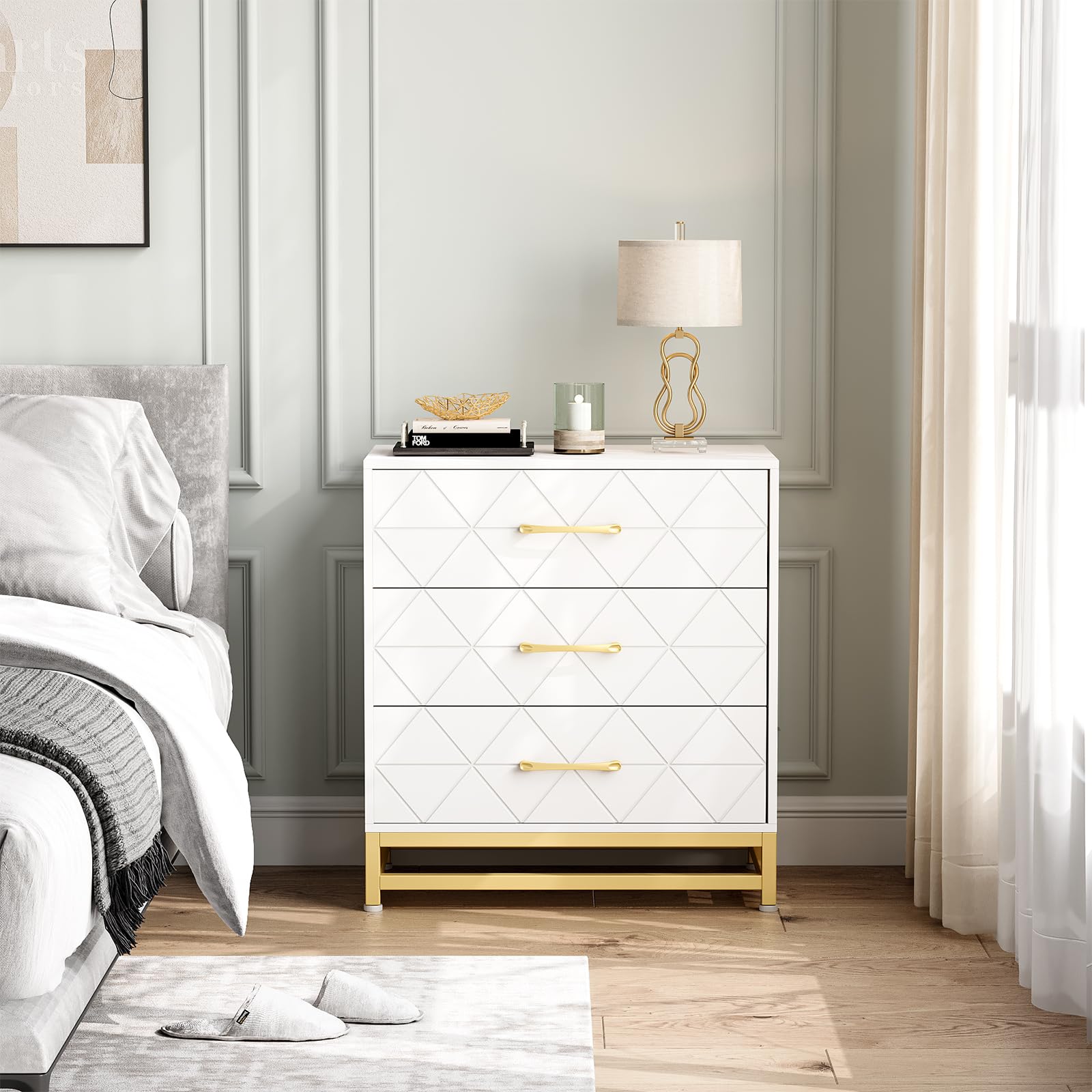 Cassettiera in legno Garvee per camera da letto, 3 cassetti, MDF, bianca, moderna, antipolvere, robusta, compatta, per corridoio o soggiorno