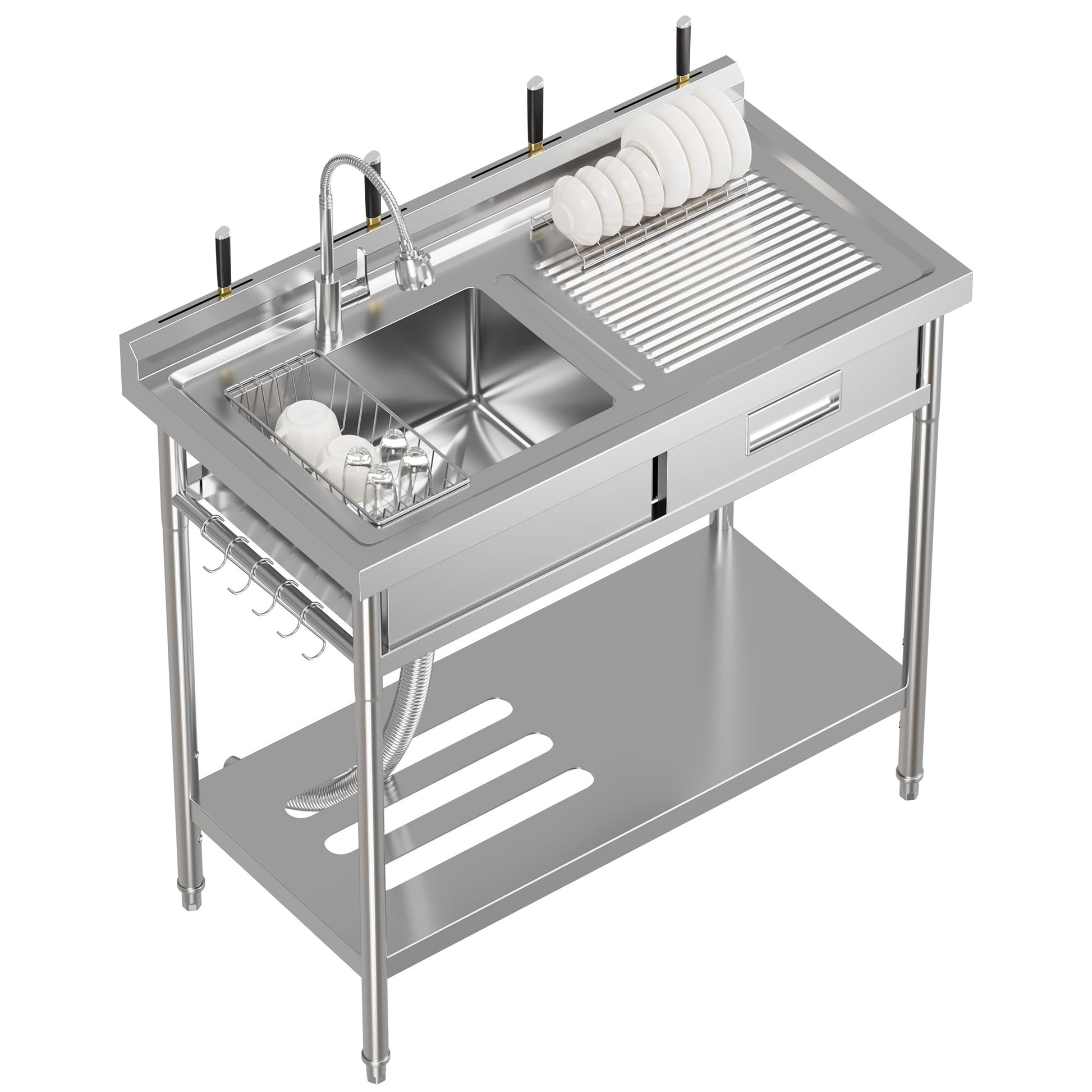 Lavello di servizio in acciaio inossidabile Garvee con 1 vasca, rubinetto caldo/freddo, asse da lavaggio integrata per lavanderia e garage, indipendente, acciaio inossidabile argento