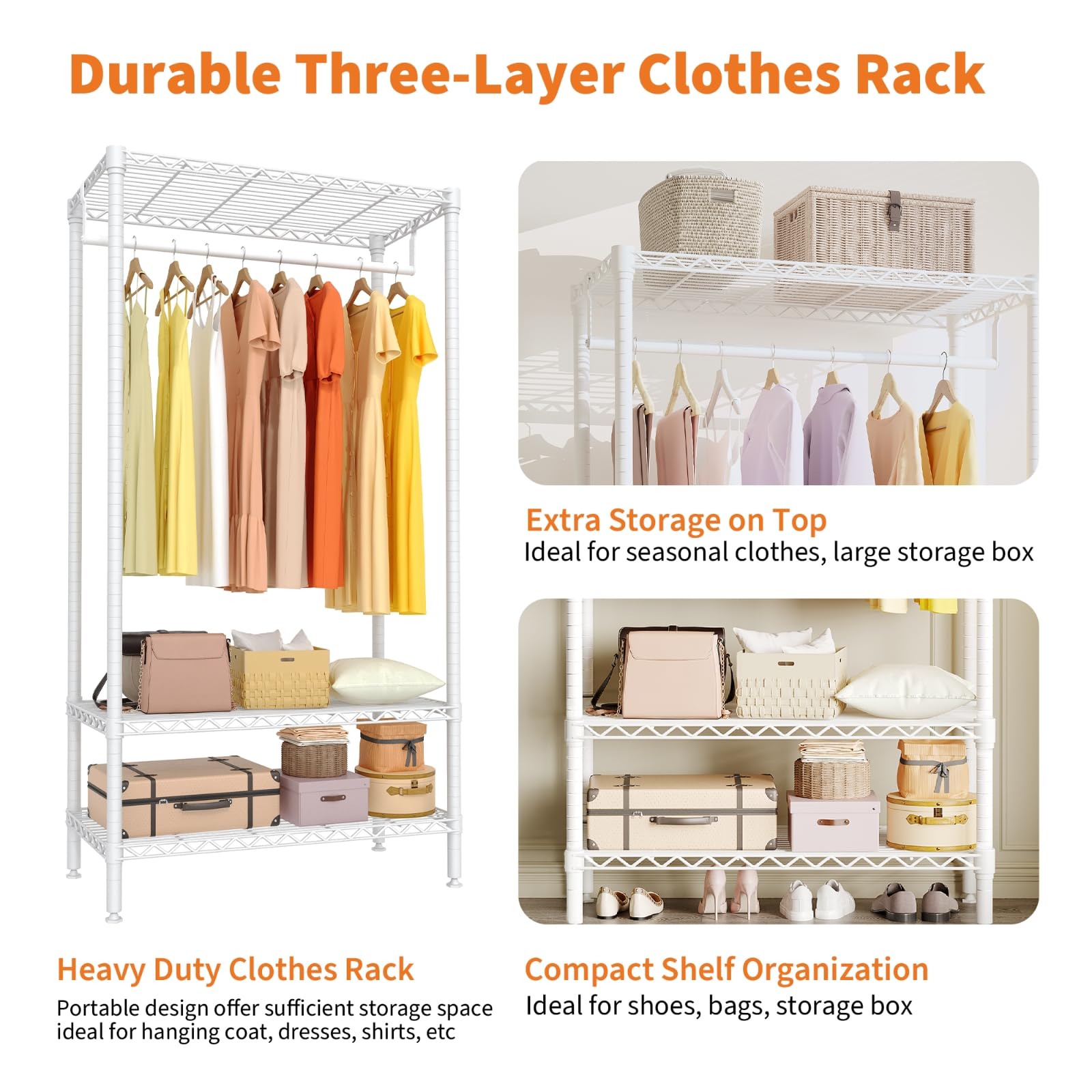 Appendiabiti Garvee Heavy Duty con ripiani, regolabile, in metallo, antiruggine, capacità di carico di 660 libbre, camera da letto e lavanderia, bianco, 35,43"L x 17,72"P x 68,9"A