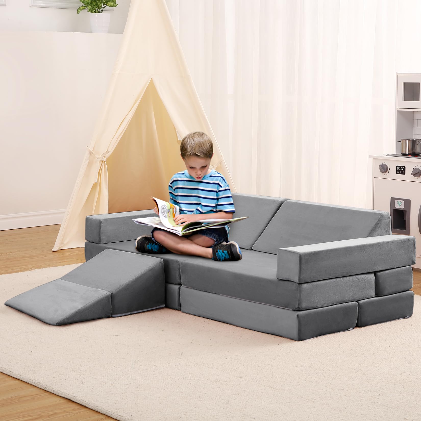 Divano modulare per bambini Garvee, set da 12 pezzi con piscina di palline per sala giochi, 47,2"x23,6"x11" grigio