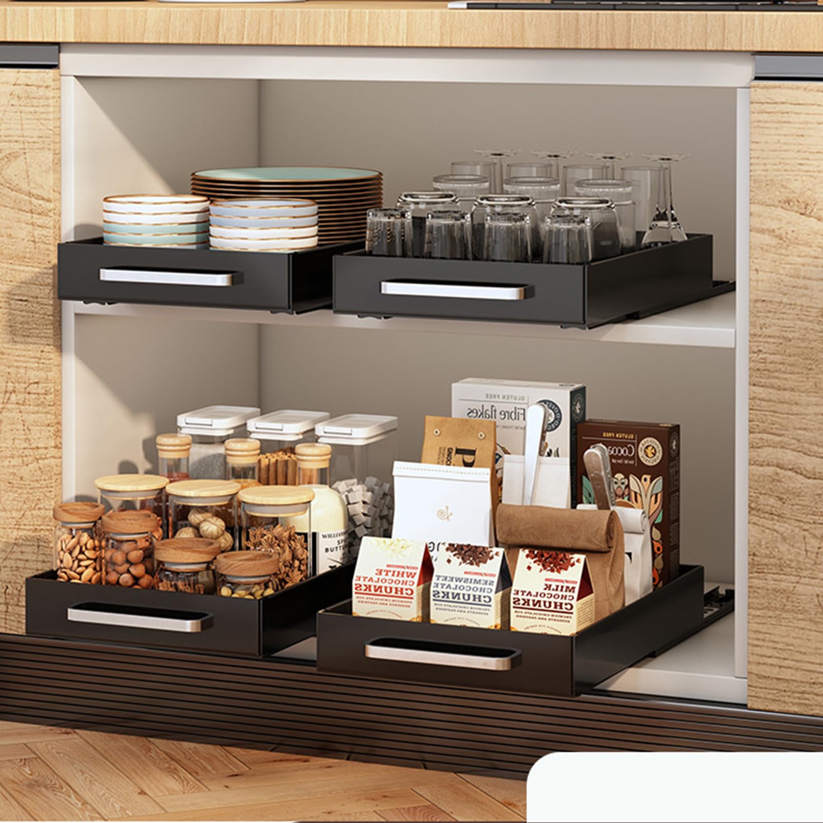 Garvee Set da 2 pezzi per porta scorrevole, per cucina e bagno, plastica robusta, salvaspazio, nero