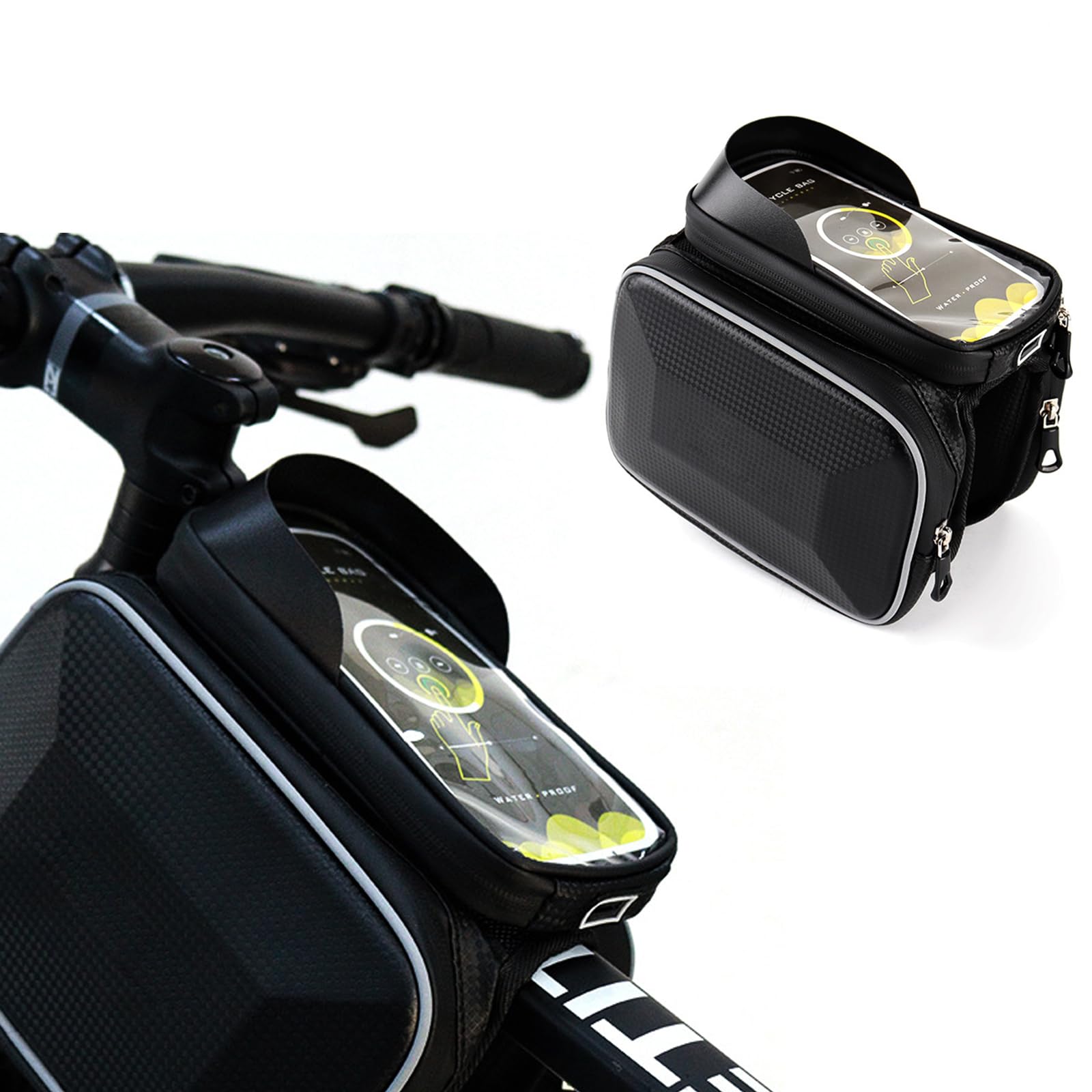 Garvee Sac de Cadre de Vélo Étanche Réfléchissant avec Support Téléphone TPU Sensible pour VTT et Cyclisme Urbain, Taille Adaptée Moins de 6,4 Pouces, Noir