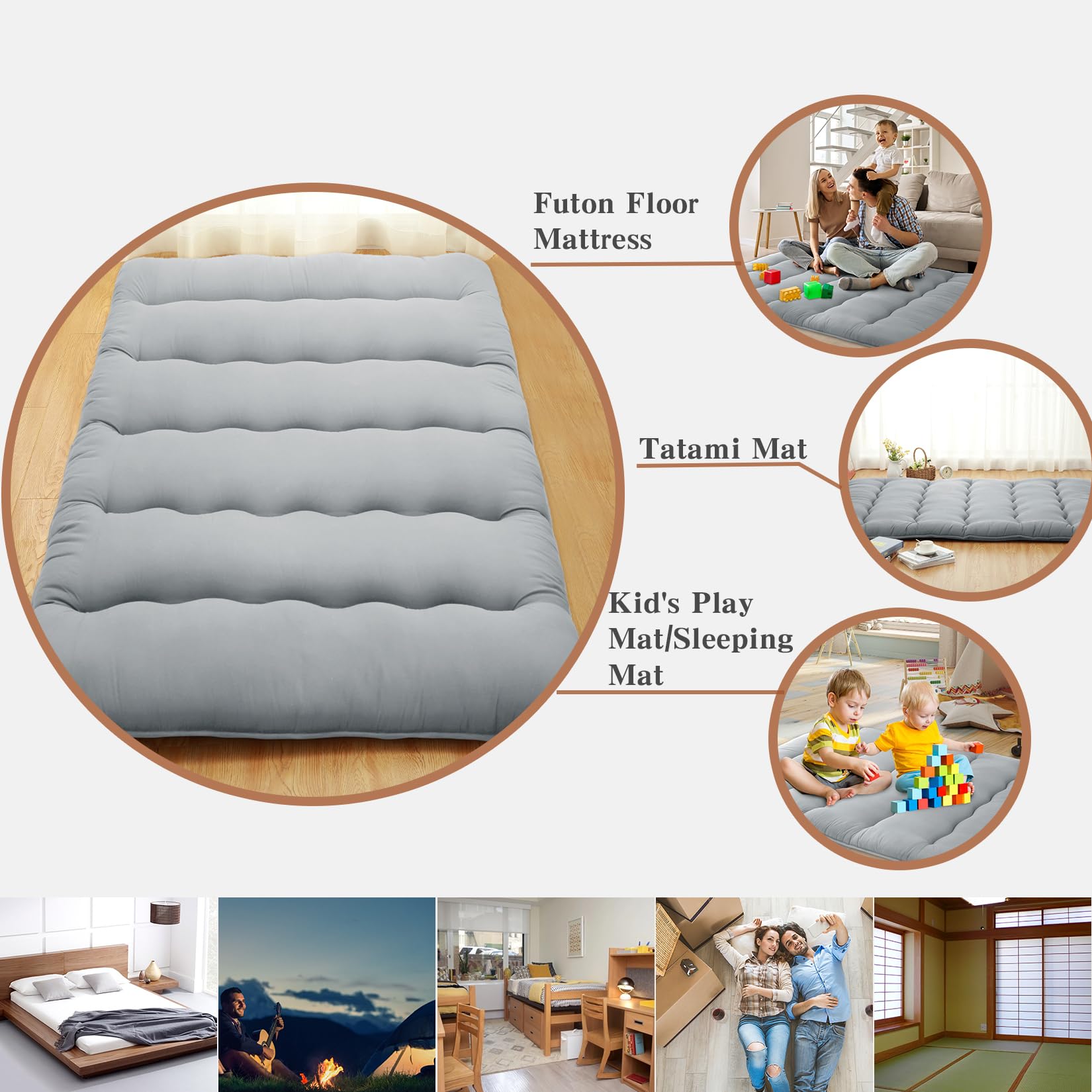 Materasso futon giapponese full size – pieghevole, traspirante e leggero, in microfibra di cotone per camera da letto e campeggio