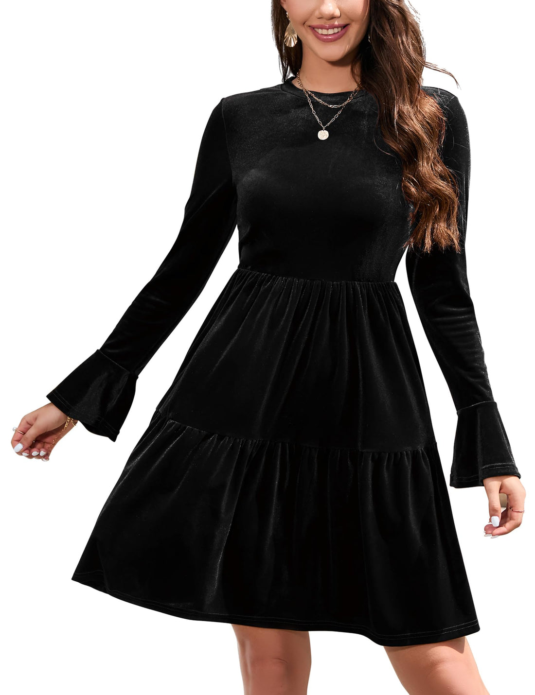 Garvee - Elegante abito in velluto da donna, mini abito invernale con volant, scollo rotondo e maniche lunghe, nero, L
