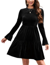 Garvee - Elegante abito in velluto da donna, mini abito invernale con volant, scollo rotondo e maniche lunghe, nero, L