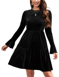 Garvee - Elegante abito in velluto da donna, mini abito invernale con volant, scollo rotondo e maniche lunghe, nero, L