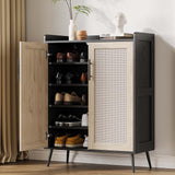 Garvee Mobile Scarpiera in Rattan 5 Ripiani con Ante Nero per Ingresso e Soggiorno, Gambe in Metallo Robusto, Organizzatore Scarpe - Nero+Naturale