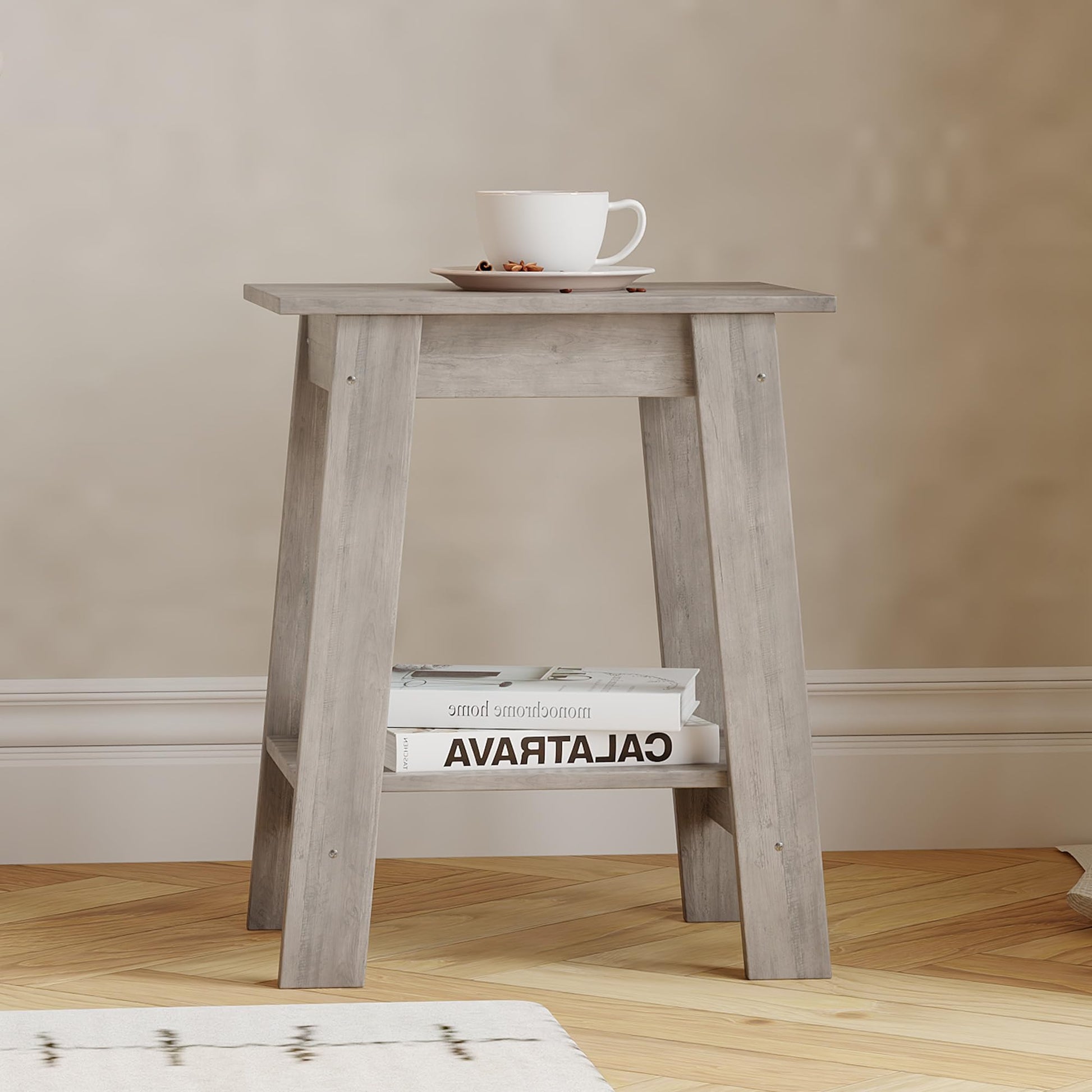 Tavolino laterale Garvee Farmhouse con contenitore, rustico, 2 ripiani, legno impermeabile, robusto, compatto, grigio per soggiorno e camera da letto