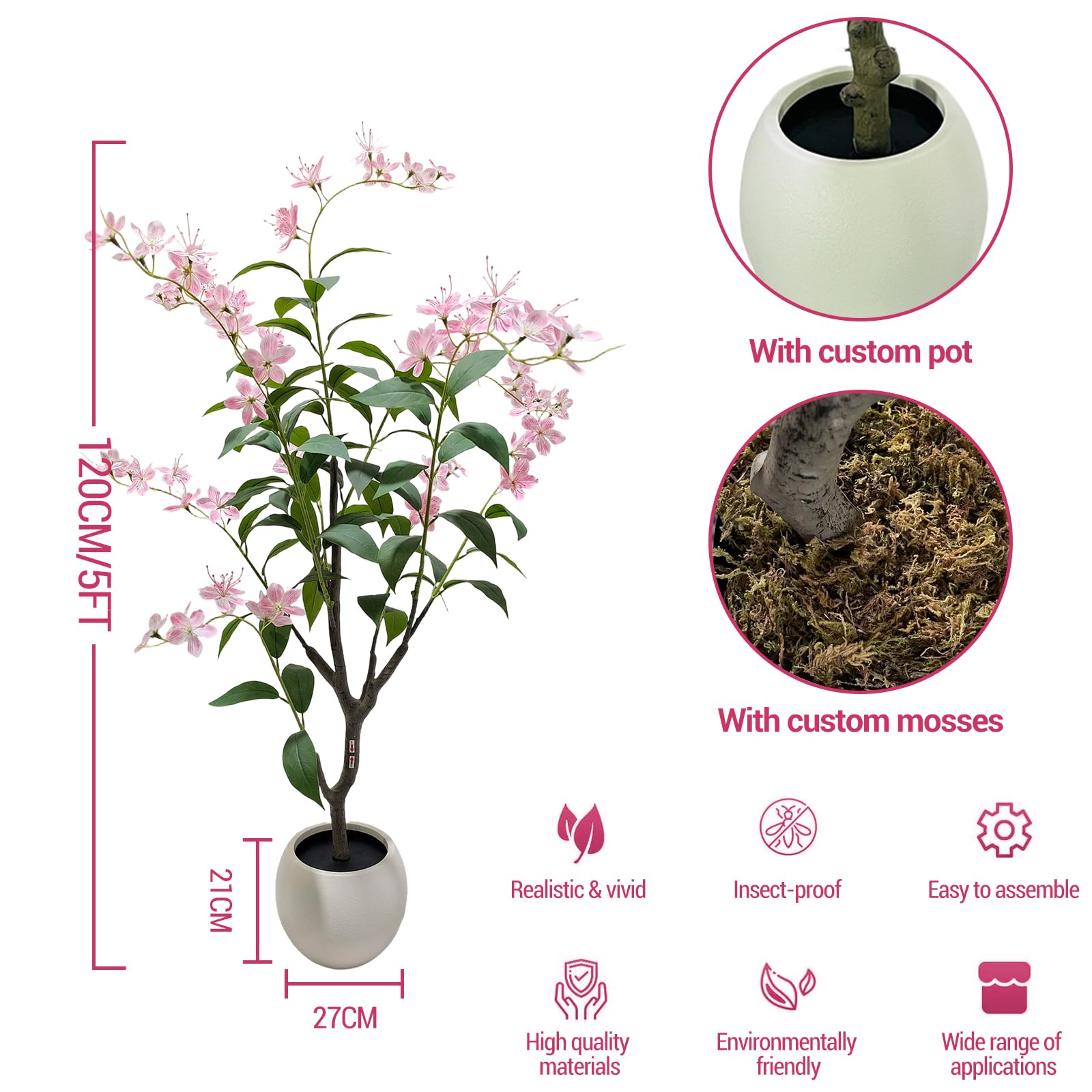 Albero di gelsomino artificiale Garvee da 120 cm con vaso bianco per casa, feste di matrimonio, giardino, rosa
